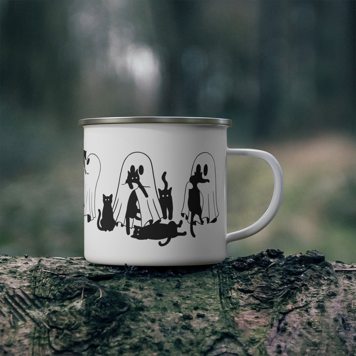 Ghost and Cats Halloween Enamel Camping Mug