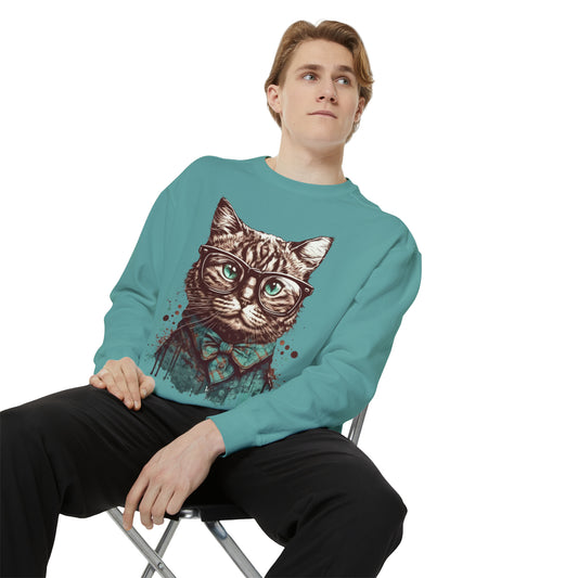 Nerd Cat Unisex Garment-Dyed Sweatshirt, Geeky cat Comfort Colors sweater, Cute cat pullover, Nerdy cat jumper, cozy gift for cat lovers