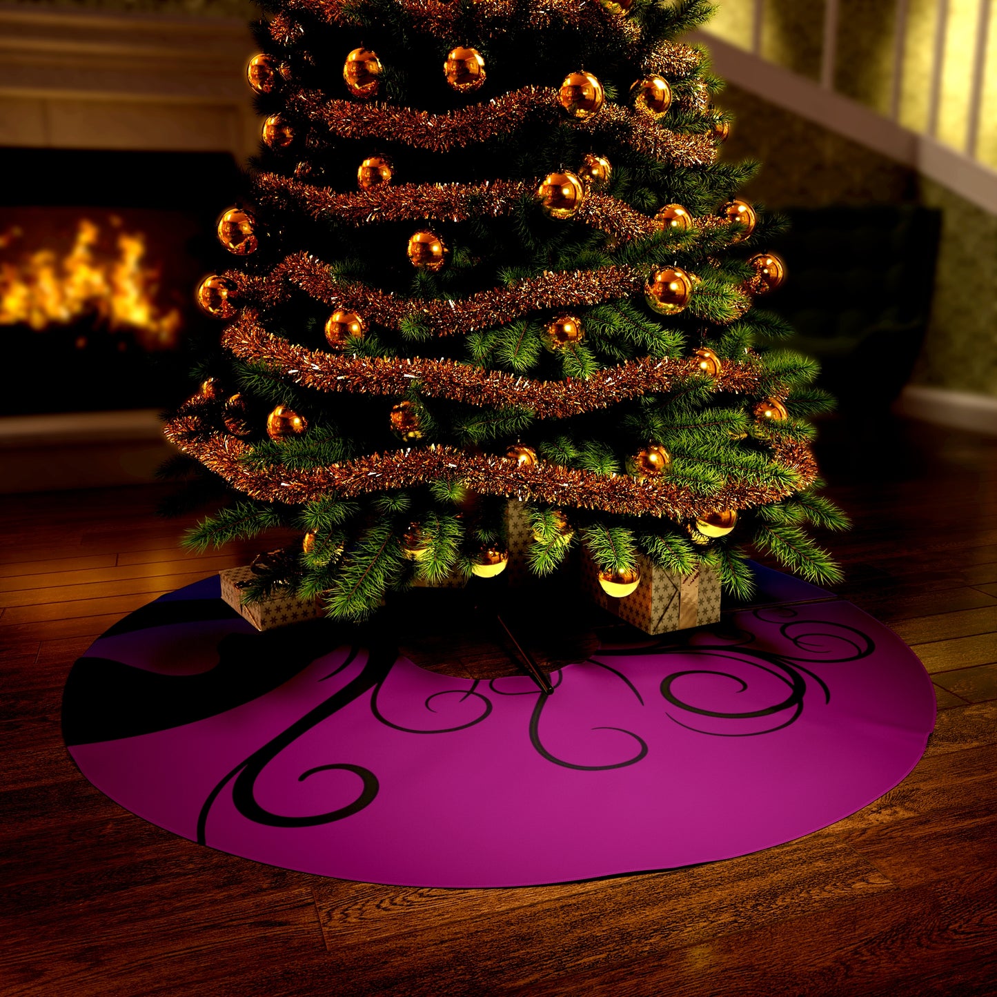 Black Cat Christmas tree skirt, magical Round Tree Skirt, gothic magical gift, witchy mystic Cat Christmas Décor Round Tree Skirt