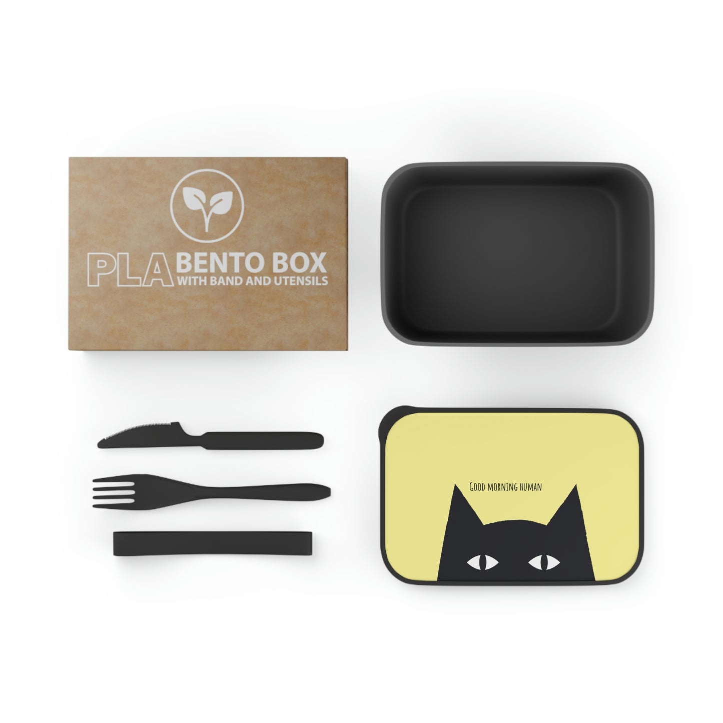 Black Cat PLA Bento Box with Band and Utensils, cat lunch box, back to school, kawaii bento box, cat lover gift, cute bento box eco friendly