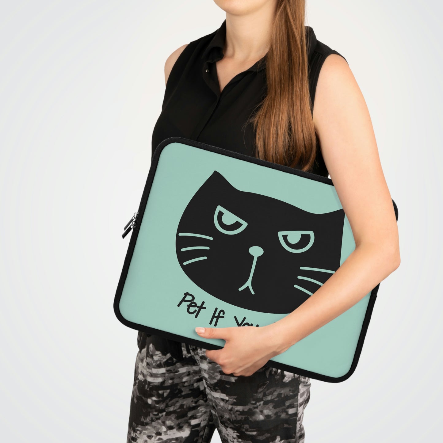 Black cat says Pet if you can Laptop Sleeve, funny cat laptop case, cute laptop bag, kawaii cat laptop sleeve, cat lover gift, cat mom gift