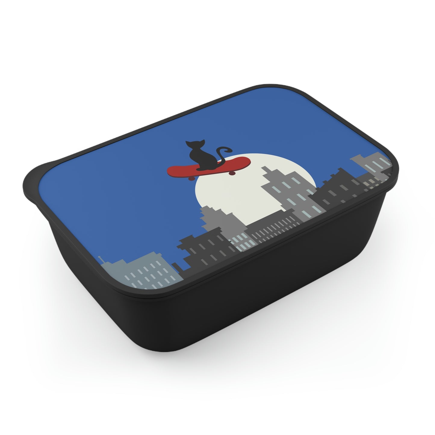 Cat On Skateboard PLA Bento Lunch Box with Band and Utensils, back to school, cute bento box, kawaii bento box, cat lunch box, bento bag