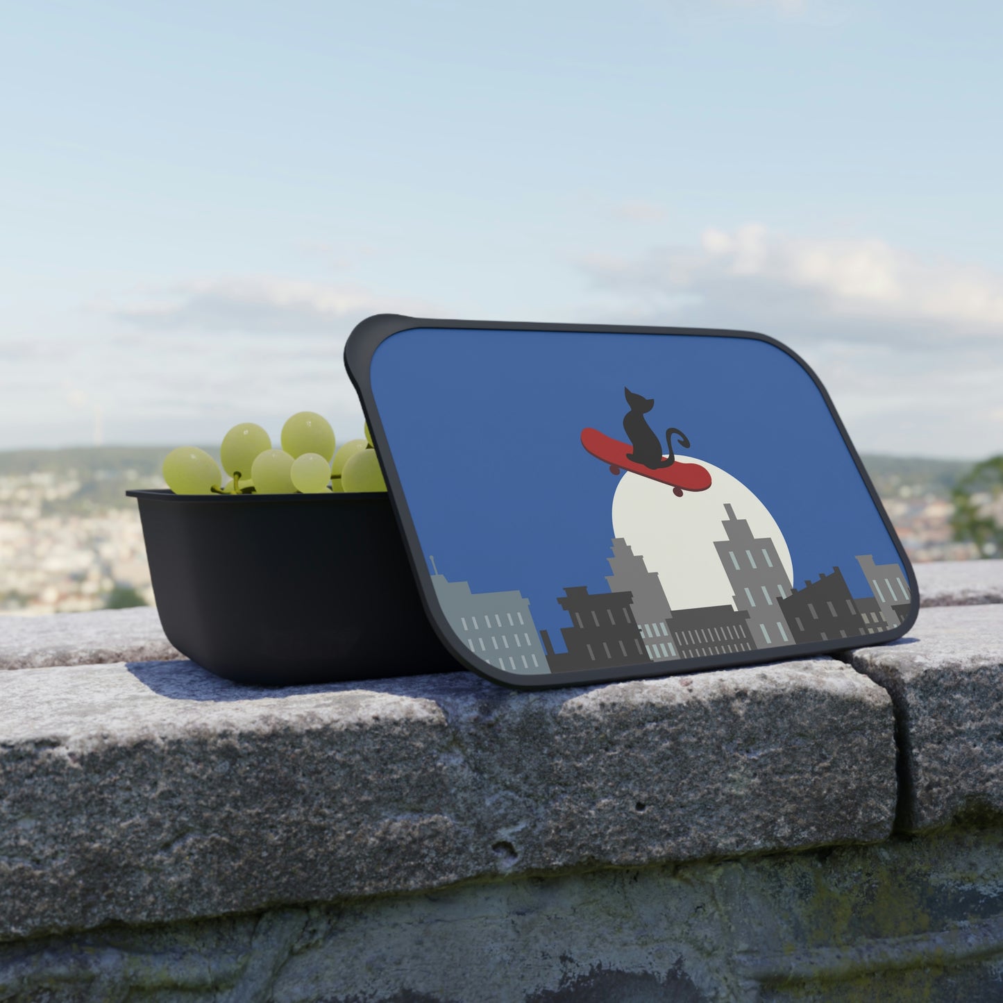 Cat On Skateboard PLA Bento Lunch Box with Band and Utensils, back to school, cute bento box, kawaii bento box, cat lunch box, bento bag