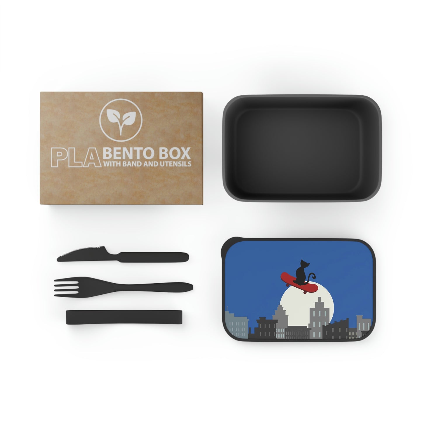 Cat On Skateboard PLA Bento Lunch Box with Band and Utensils, back to school, cute bento box, kawaii bento box, cat lunch box, bento bag
