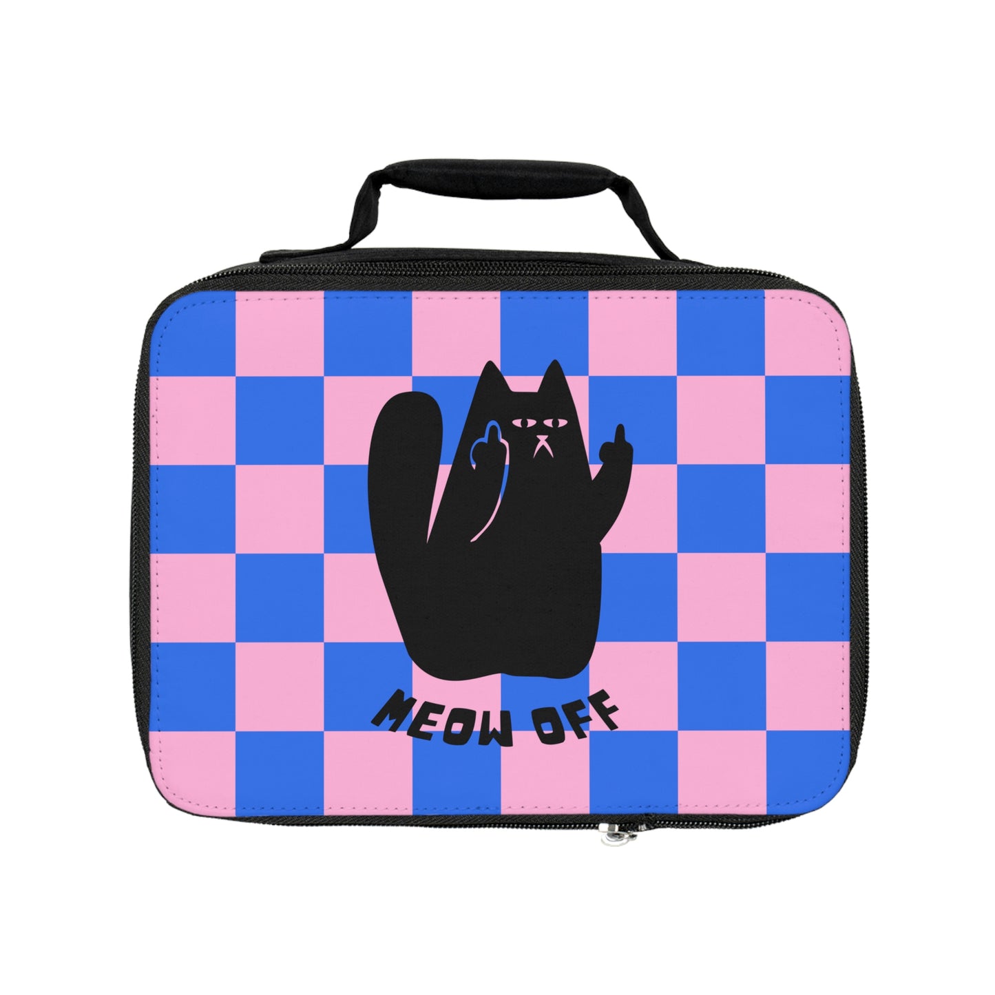 Checkered Funny cat Lunch Bag, cat lover gift, cute lunch bag, Black Cat middle finger says meow off lunch bag, lunch bag insulated cat