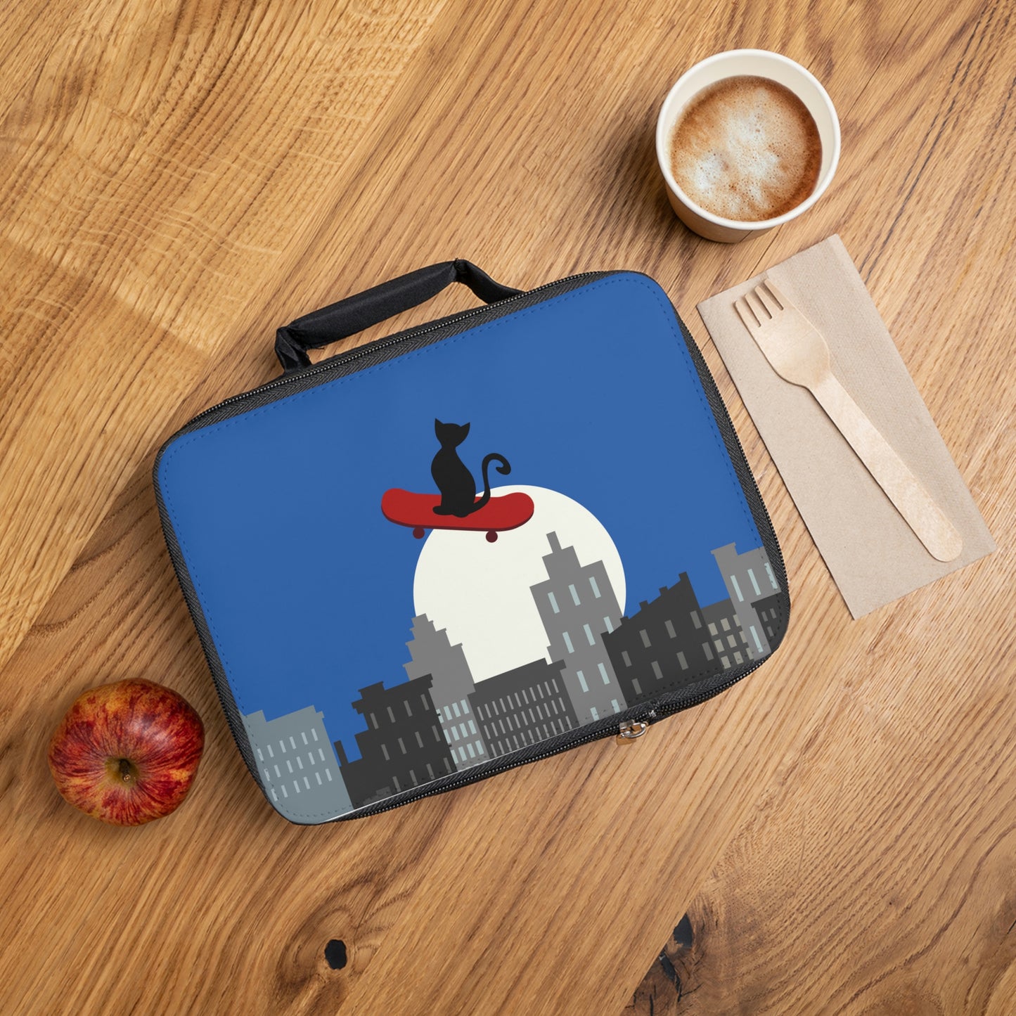 Black Cat on skateboard Lunch Bag | stray cat picnic bag | lunch tote