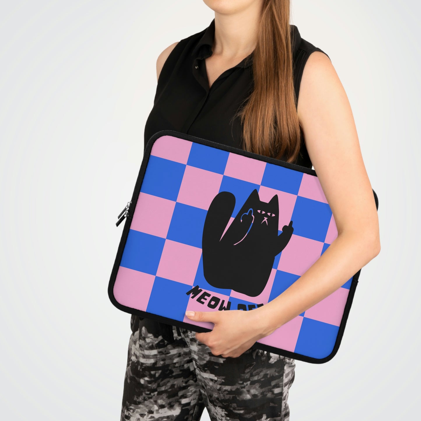 Checkered Funny cat Laptop Sleeve, black Cat middle finger laptop case, cat mom laptop cover bag, Kawaii macbook sleeve, cute cat lover gift