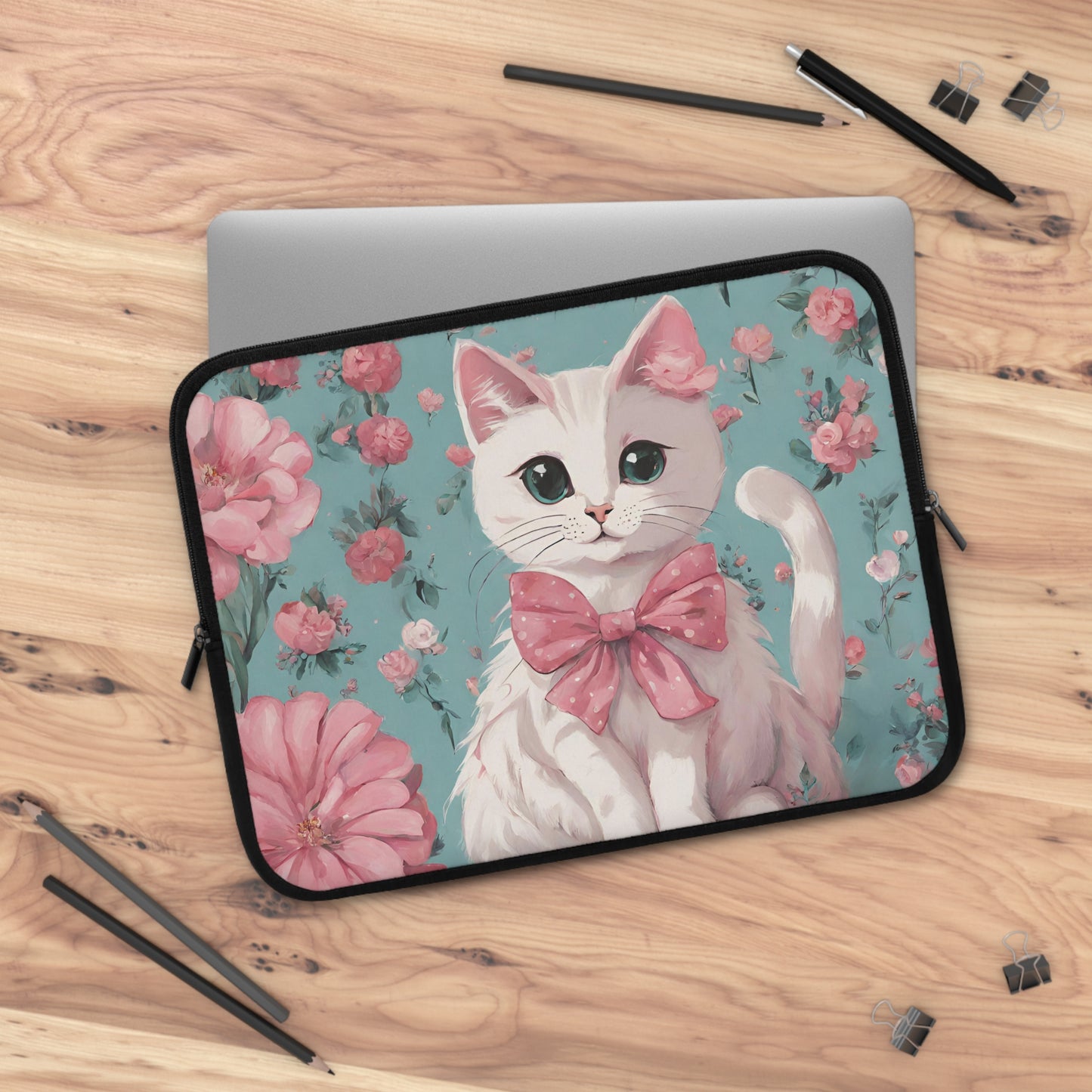 White Cat with Flowers Laptop Sleeve