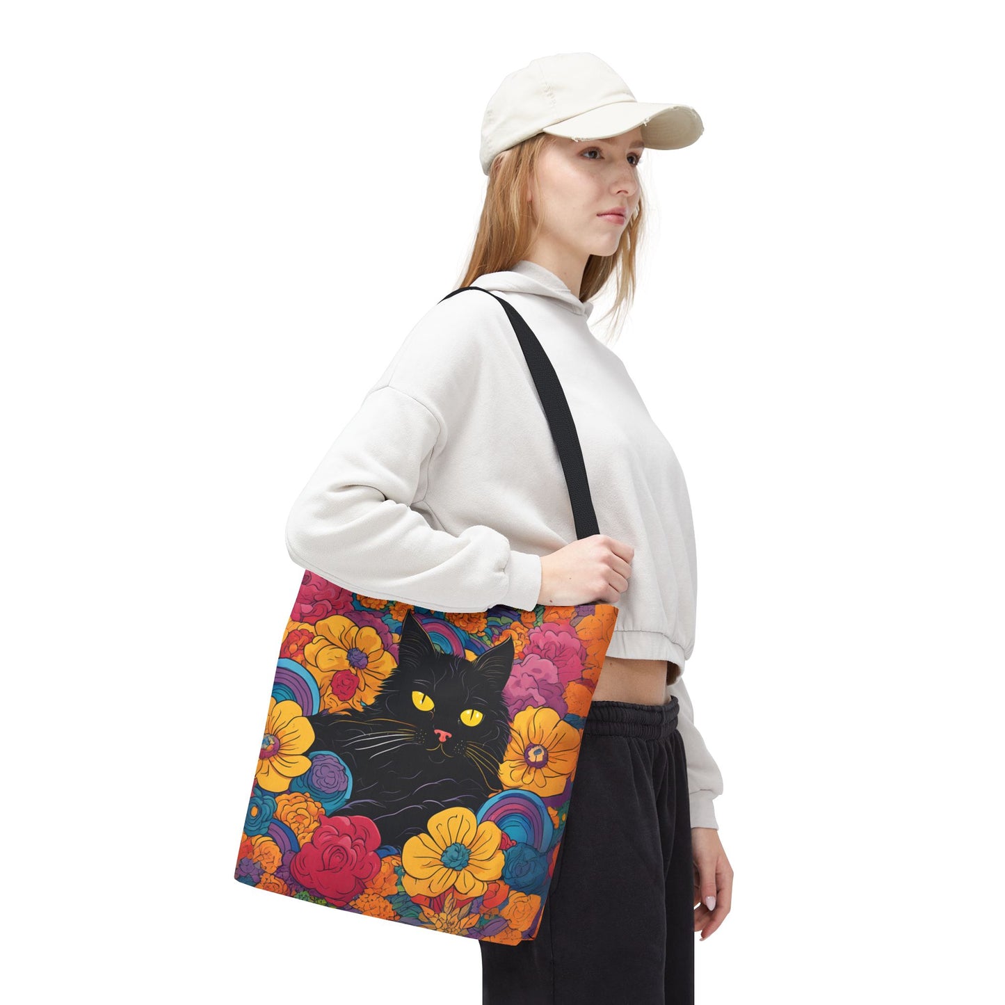 Floral Black Cat Canvas Tote Bag