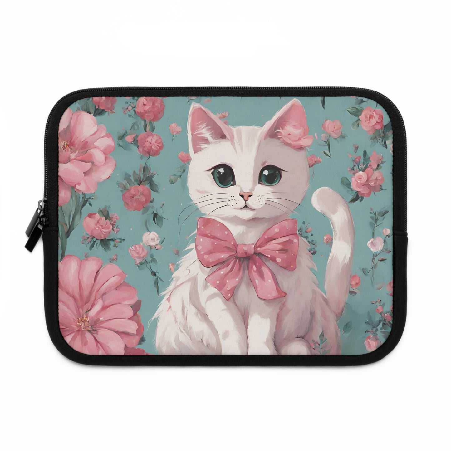 White Cat with Flowers Laptop Sleeve