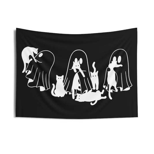 Cats and Ghost Indoor Wall Tapestries, Cat Halloween Tapestry, Spooky season room decor, Cute magical Home decor, Funny Halloween decor