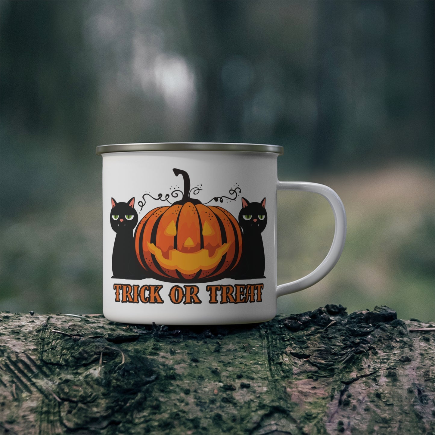Black Cats Trick or Treat Halloween Enamel Camping Mug