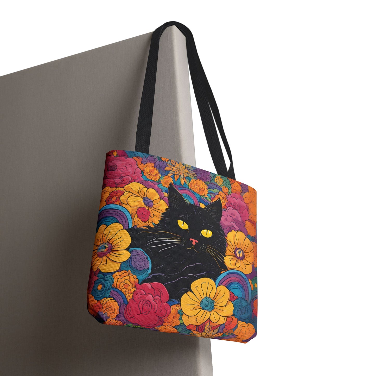 Floral Black Cat Canvas Tote Bag