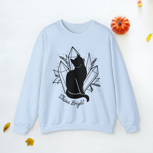 Witchy Crystals and Cat Sweatshirt, Black Cat Familiar Sweater, Celestial Mystical jumper, Cute Whimsical Pullover, Magical Sweatshirt