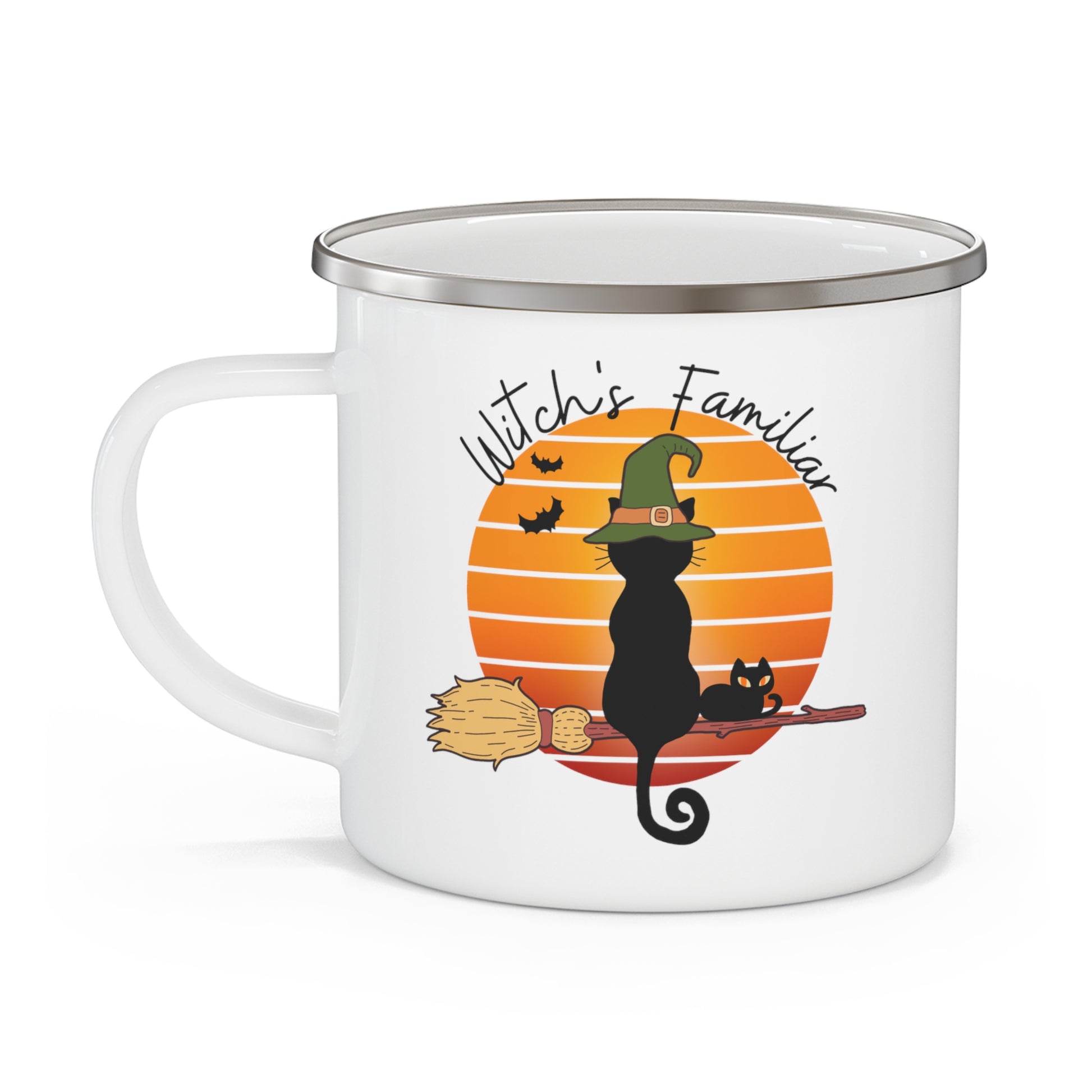 Cat Halloween mug, Retro Vintage Sunset Enamel Camping Mug, Retro Black Cat cup, witchy mug, Spooky Season mug, black Cat familiar Mug