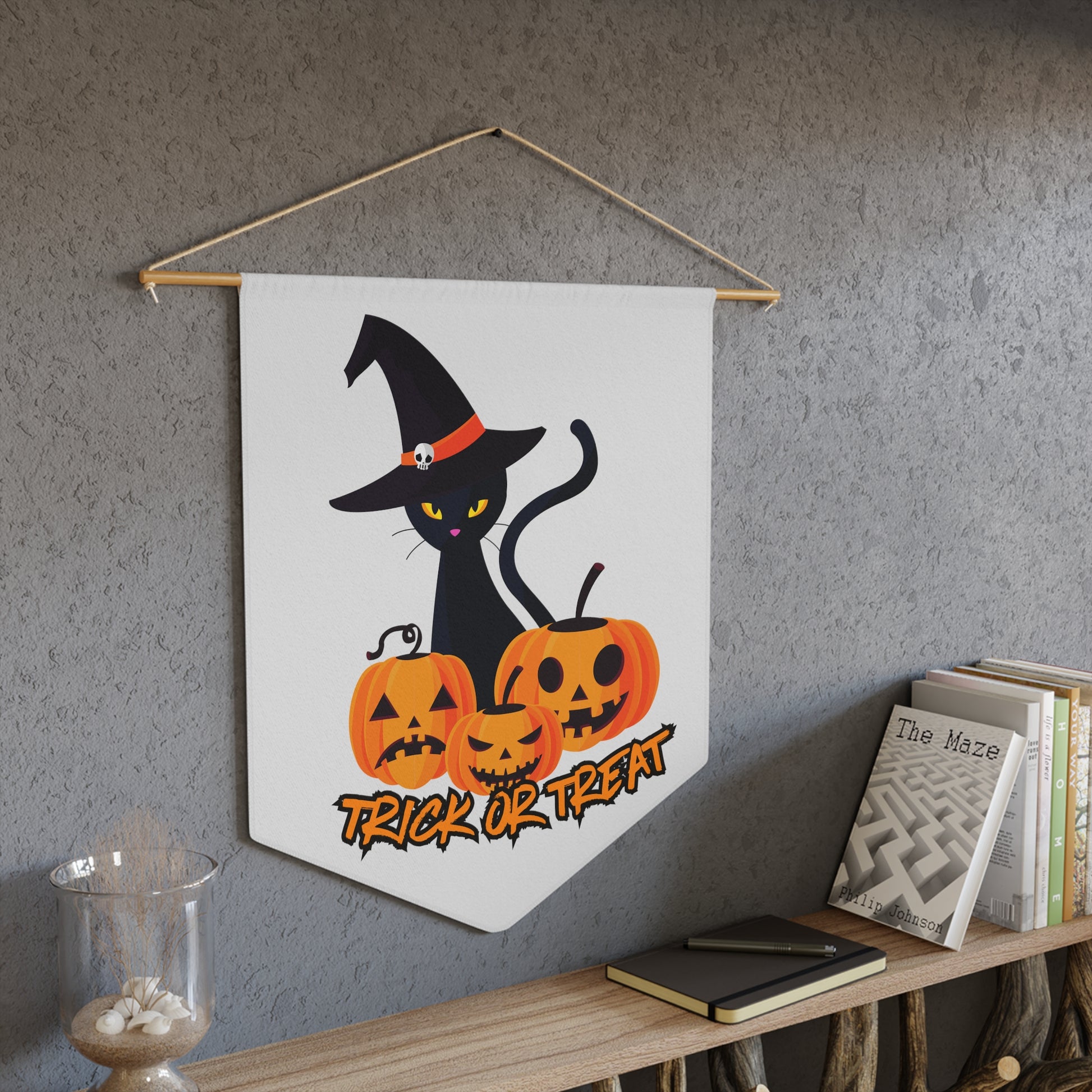 Black cat Trick or Treat Pumpkin Pennant, Cat Halloween flag pennant, witchy black cat pennant, Spooky Season pennant, Halloween home decor