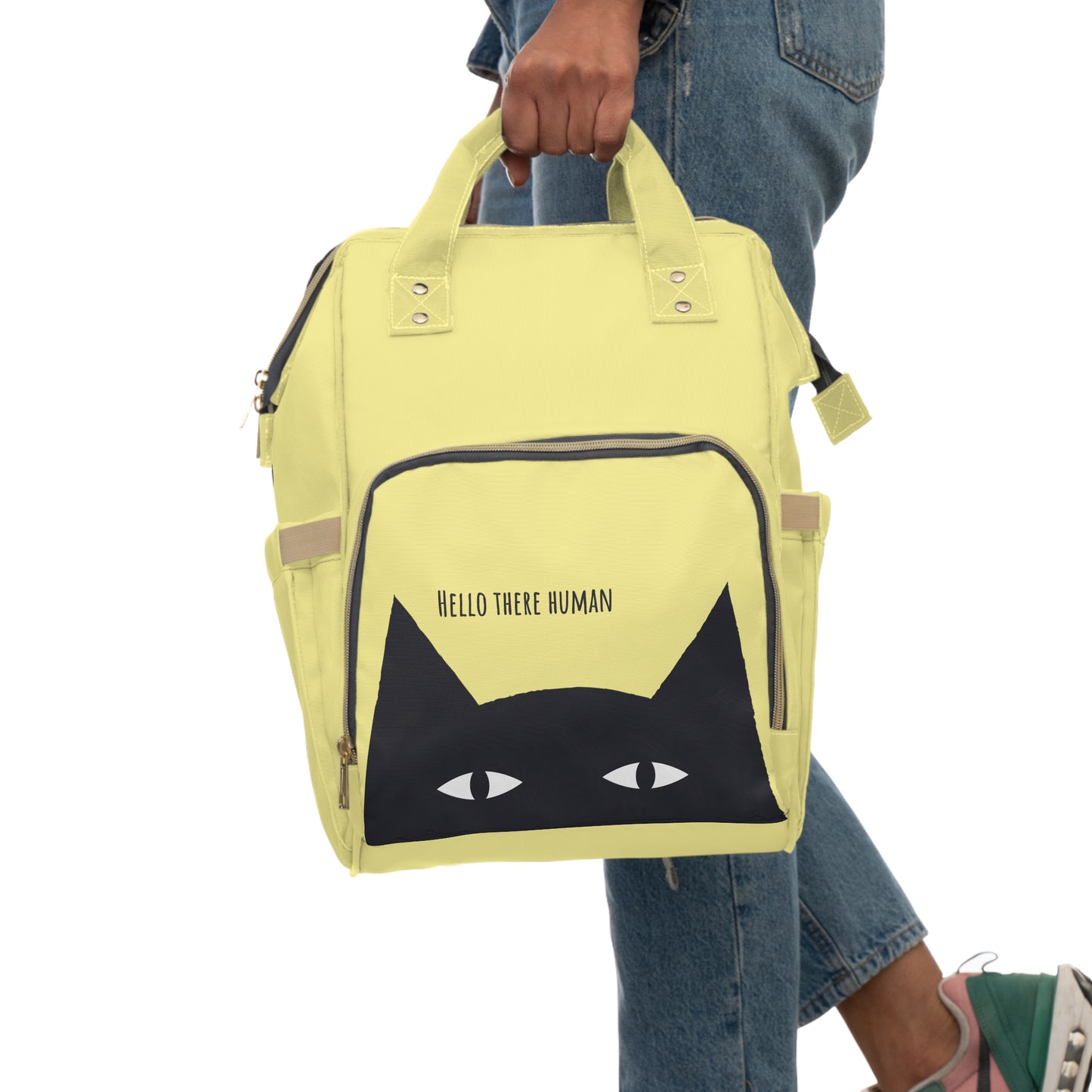 Black Cat says Good Morning Human Multifunctional Backpack, back to school, cat lover gift, cats on backpack, travel backpack, gift for her
