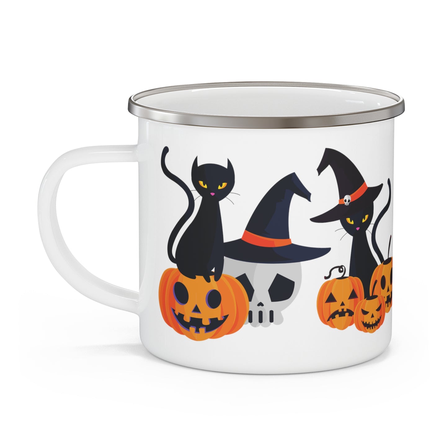 Cat Halloween mug, Pumpkin and black cats Enamel Camping Mug, Spooky Season mug, witchy cats tea cup, cat and skull mug, Halloween gift