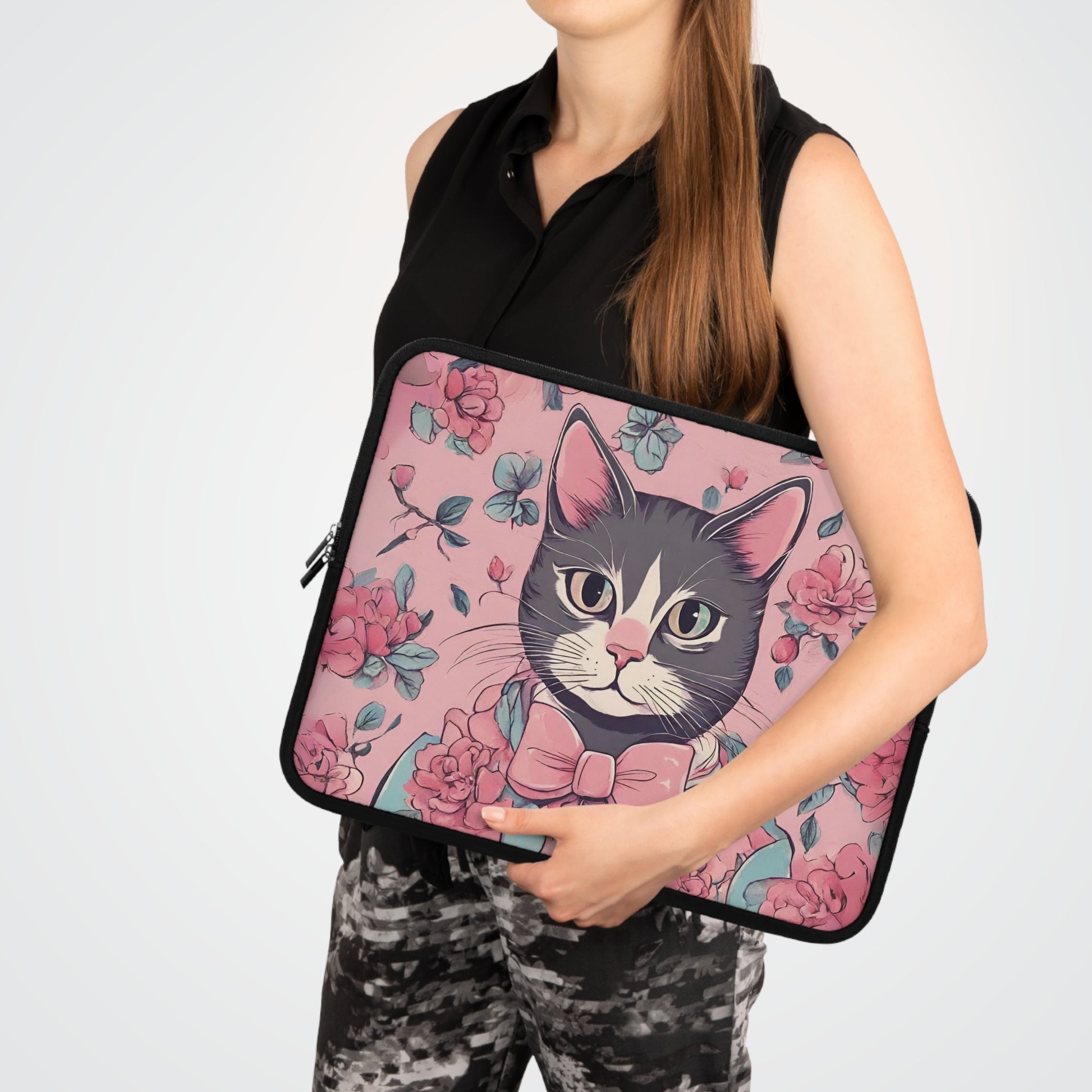 Vintage Cat Laptop Sleeve, Cute laptop case, Floral Laptop case, cottagecore aesthetic, Victorian Laptop sleeve, flowers and cat Laptop bag