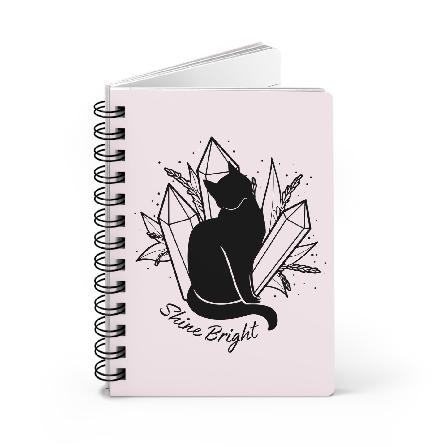 Witchy Crystals and Cat Spiral Bound Journal, Black Cat Familiar Notebook, Celestial Mystical Journal, Cute Whimsical Magical Notebook