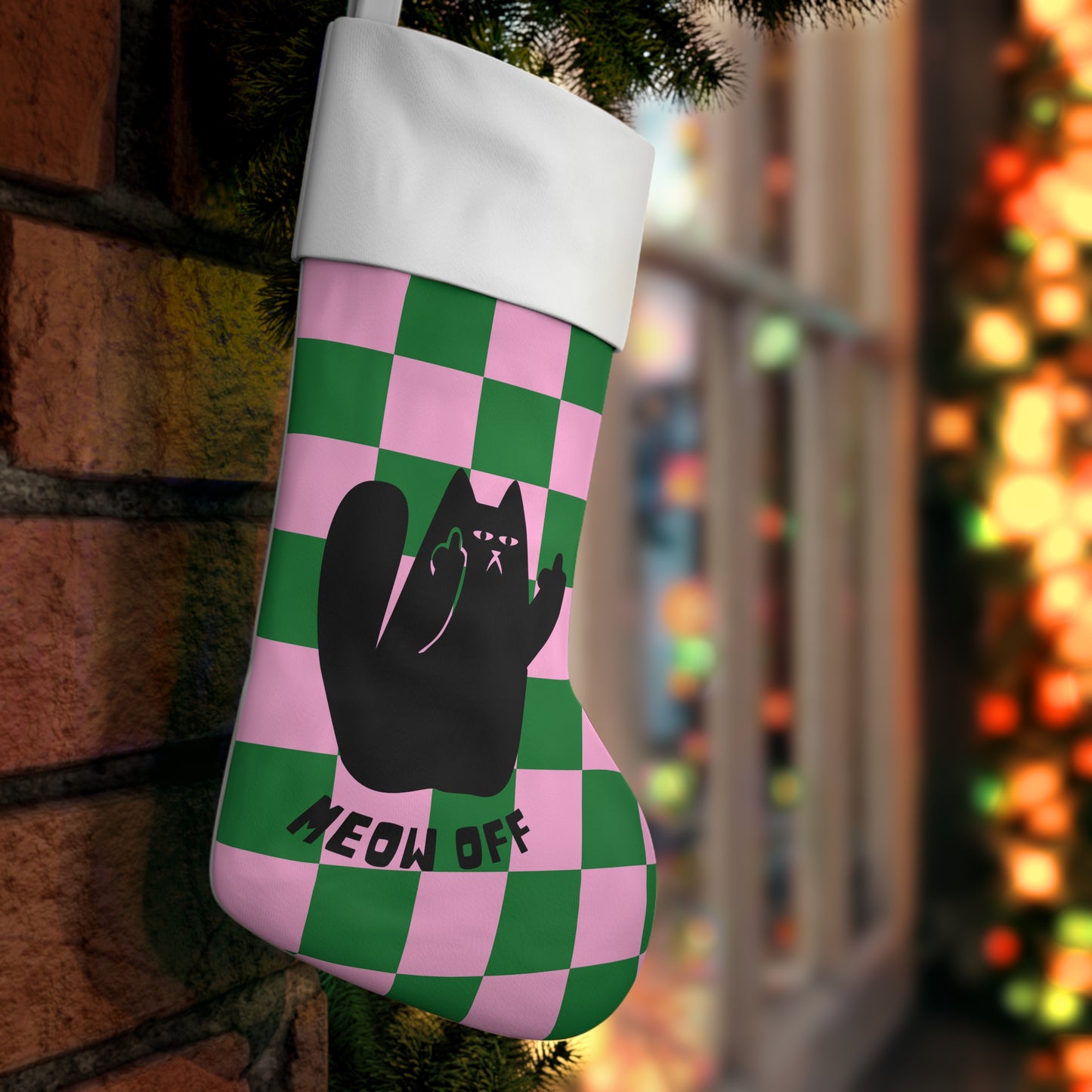 Checkered Funny cat Christmas Stocking, Black Cat pointing middle finger meow off, Fuck you cat Holiday Stocking, cat lover gift home décor