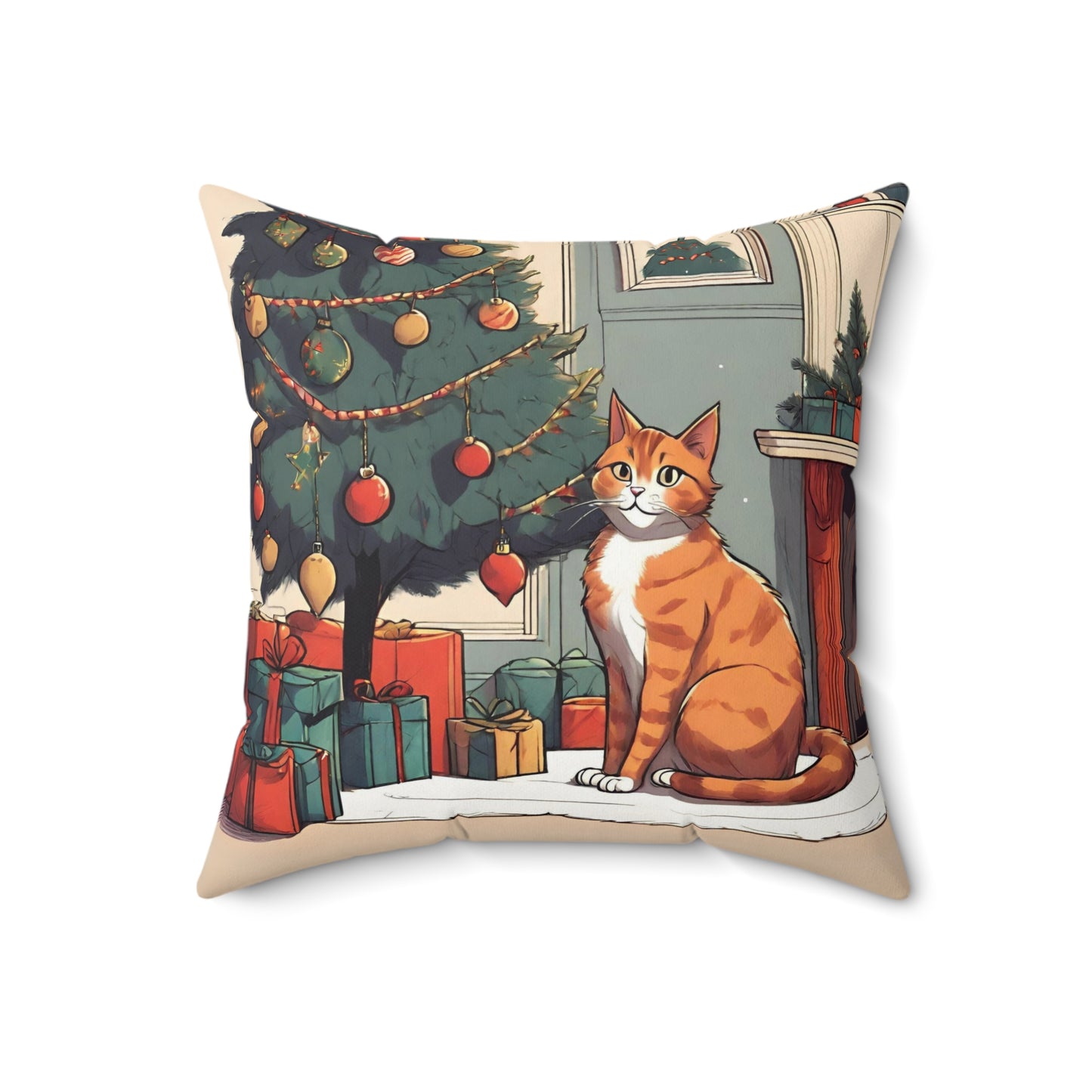 Cozy Ginger Cat Christmas Pillow