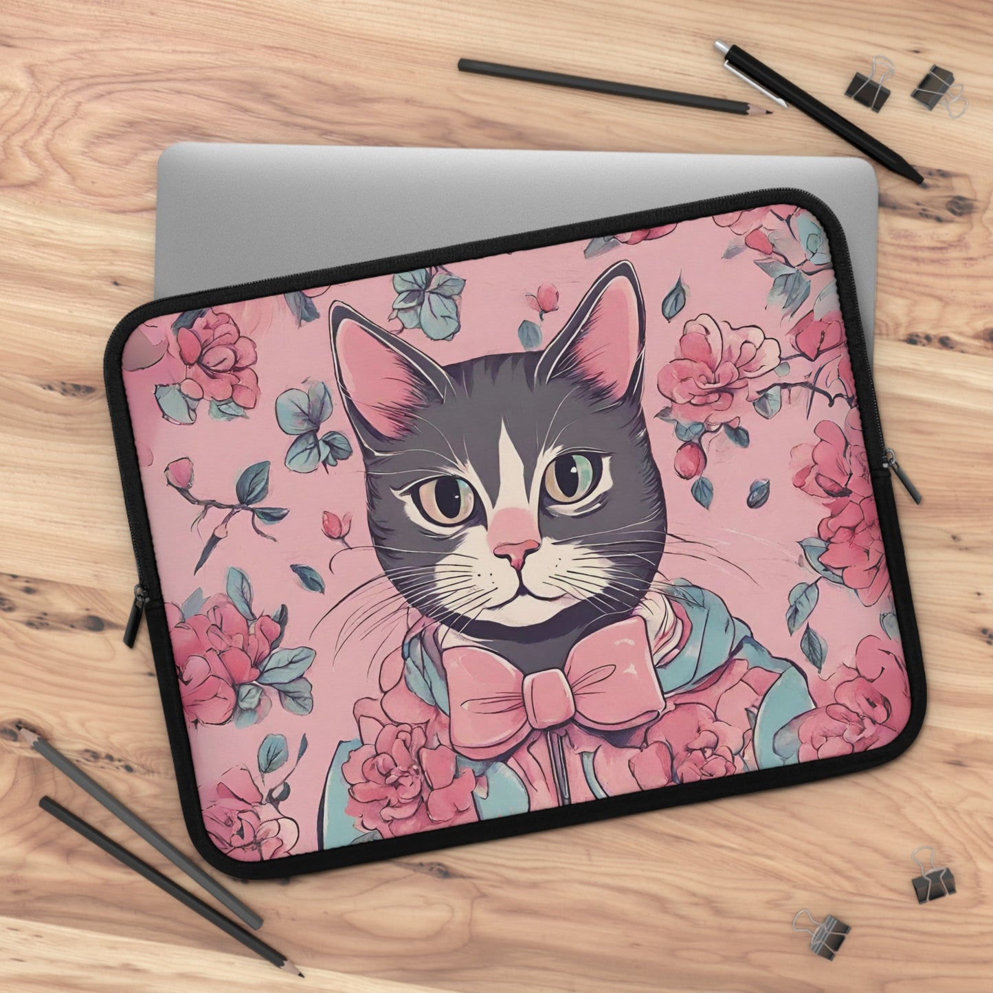 Vintage Cat Laptop Sleeve, Cute laptop case, Floral Laptop case, cottagecore aesthetic, Victorian Laptop sleeve, flowers and cat Laptop bag