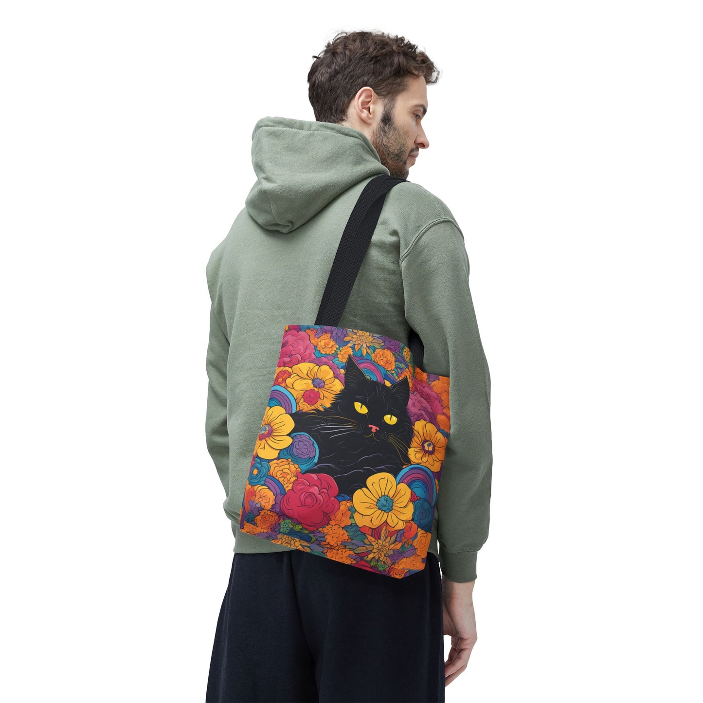 Floral Black Cat Canvas Tote Bag