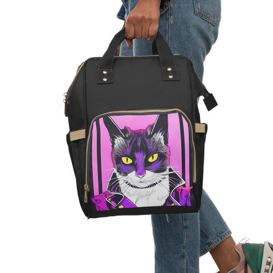 Cat wearing a leather jacket Large Capacity Backpack, cool cat Backpack, urban cat school bag, black cat student backpack, cat lover gift