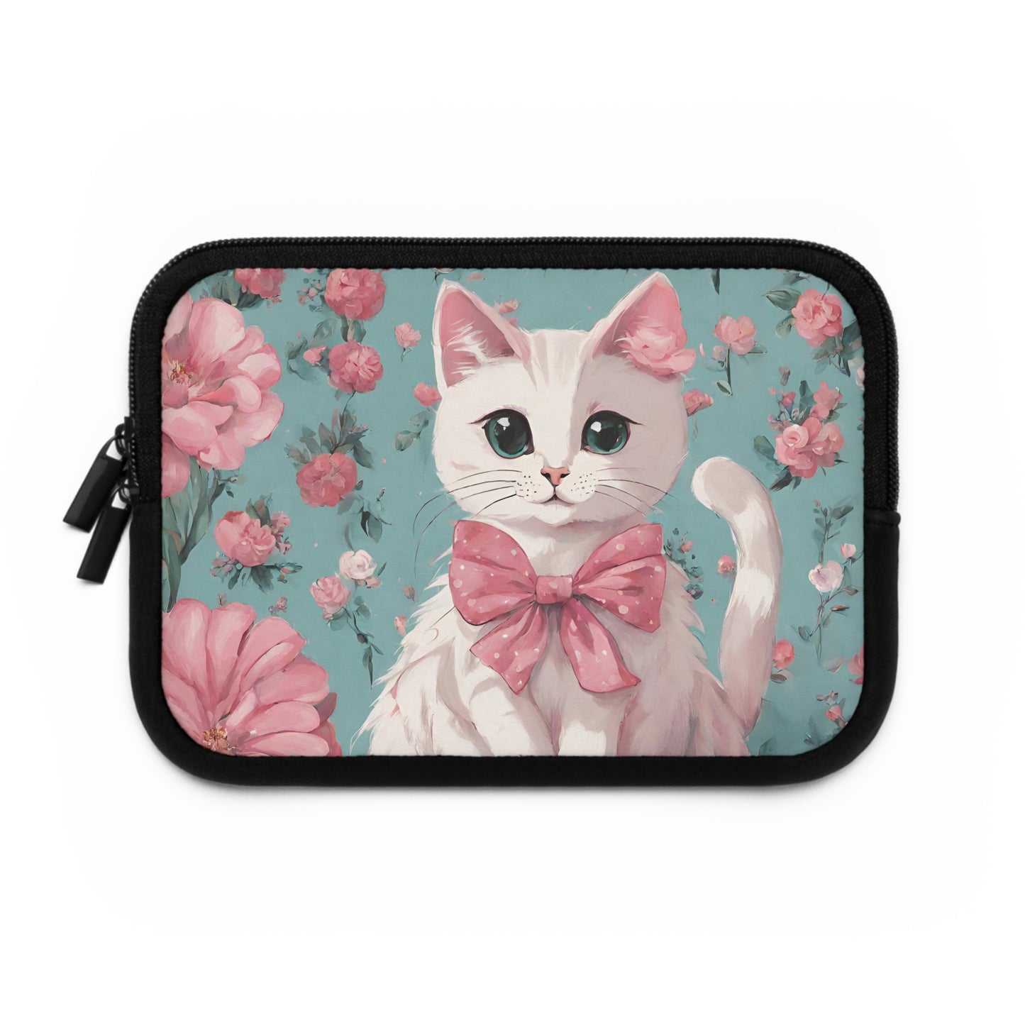 White Cat with Flowers Laptop Sleeve