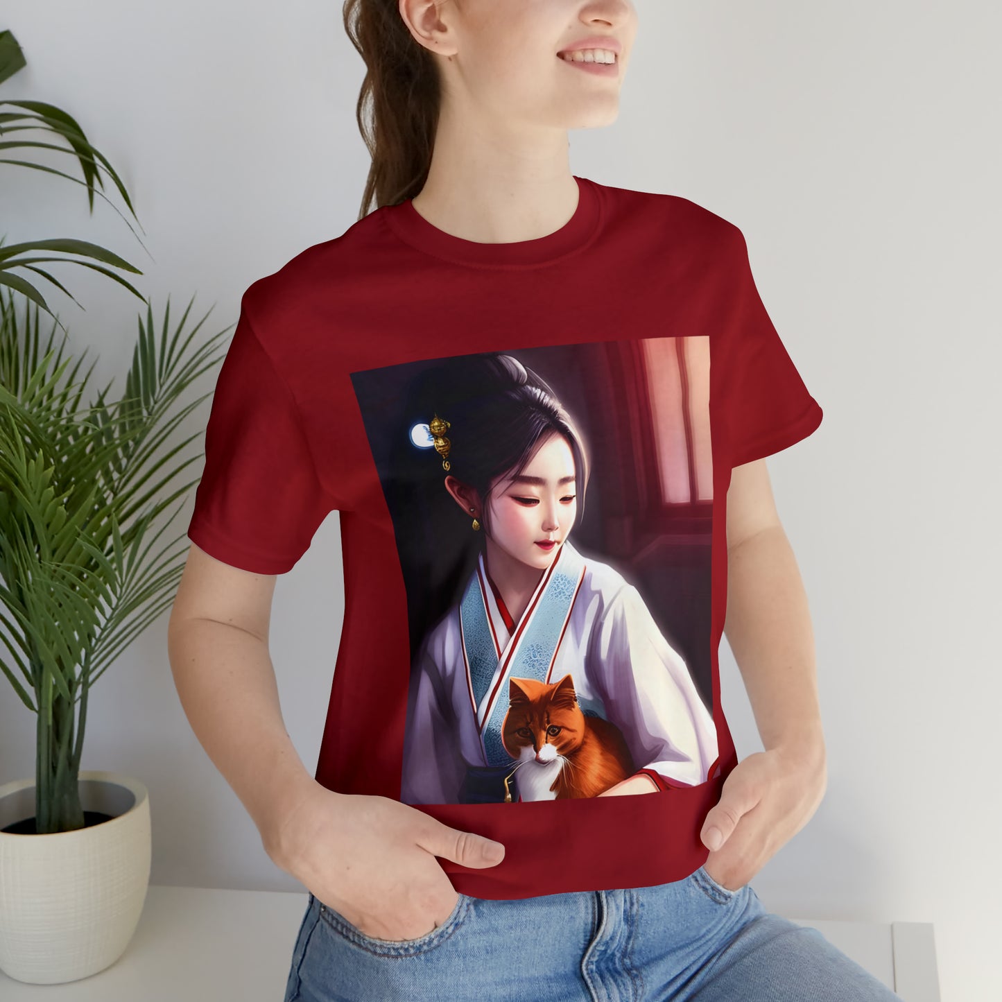 Geisha and ginger cat T-shirt, maiko cat shirt, feudal japan aesthetic cat Tee, girl in a kimono cat lover gift, anime cat aesthetic shirt