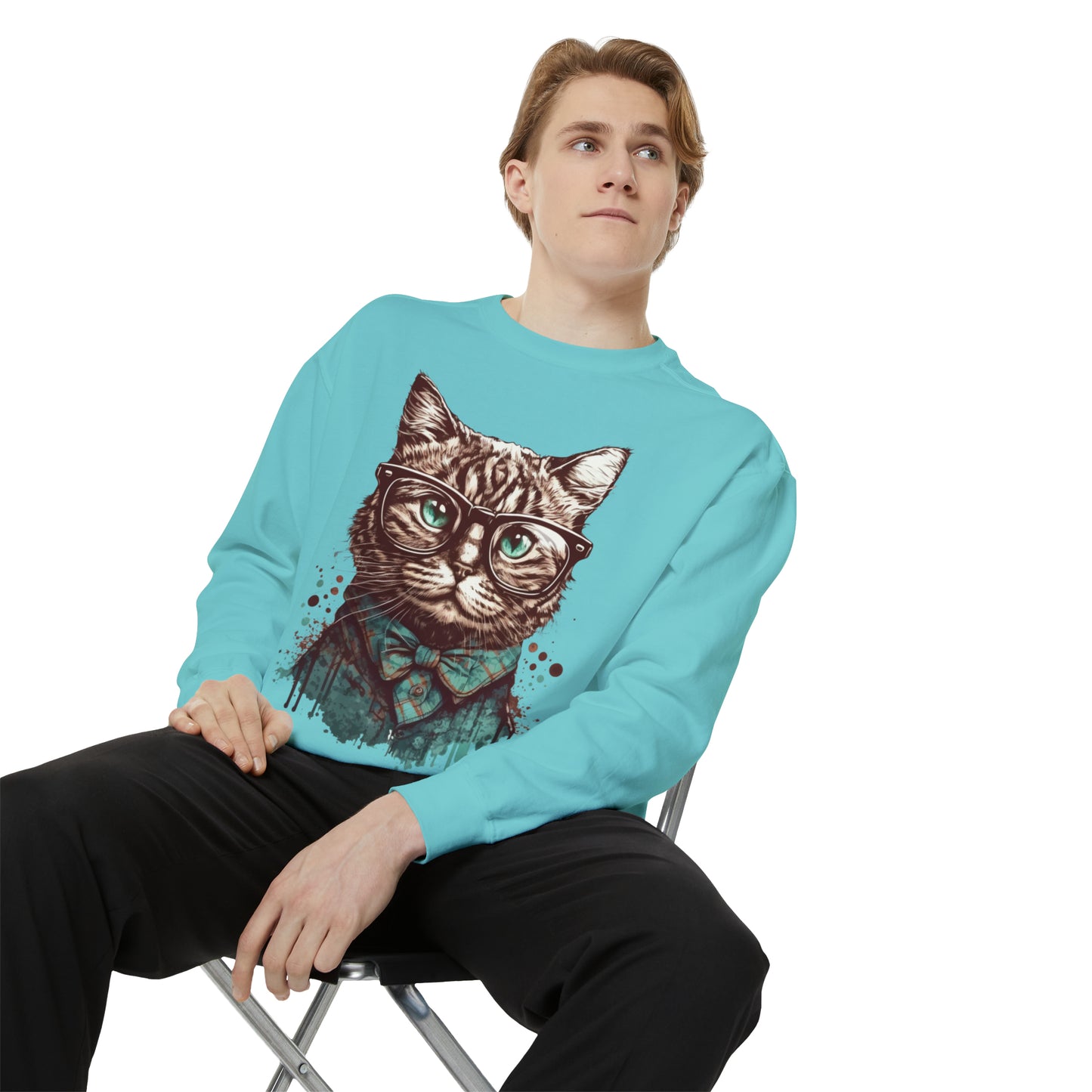 Nerd Cat Unisex Garment-Dyed Sweatshirt, Geeky cat Comfort Colors sweater, Cute cat pullover, Nerdy cat jumper, cozy gift for cat lovers