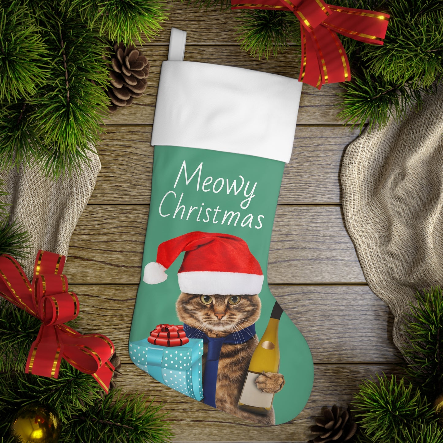 Drunk cat Merry Xmas Stocking, Funny cat with red Santa's hat Christmas Holiday Stocking, cute Cat and wine Merry Christmas decoration