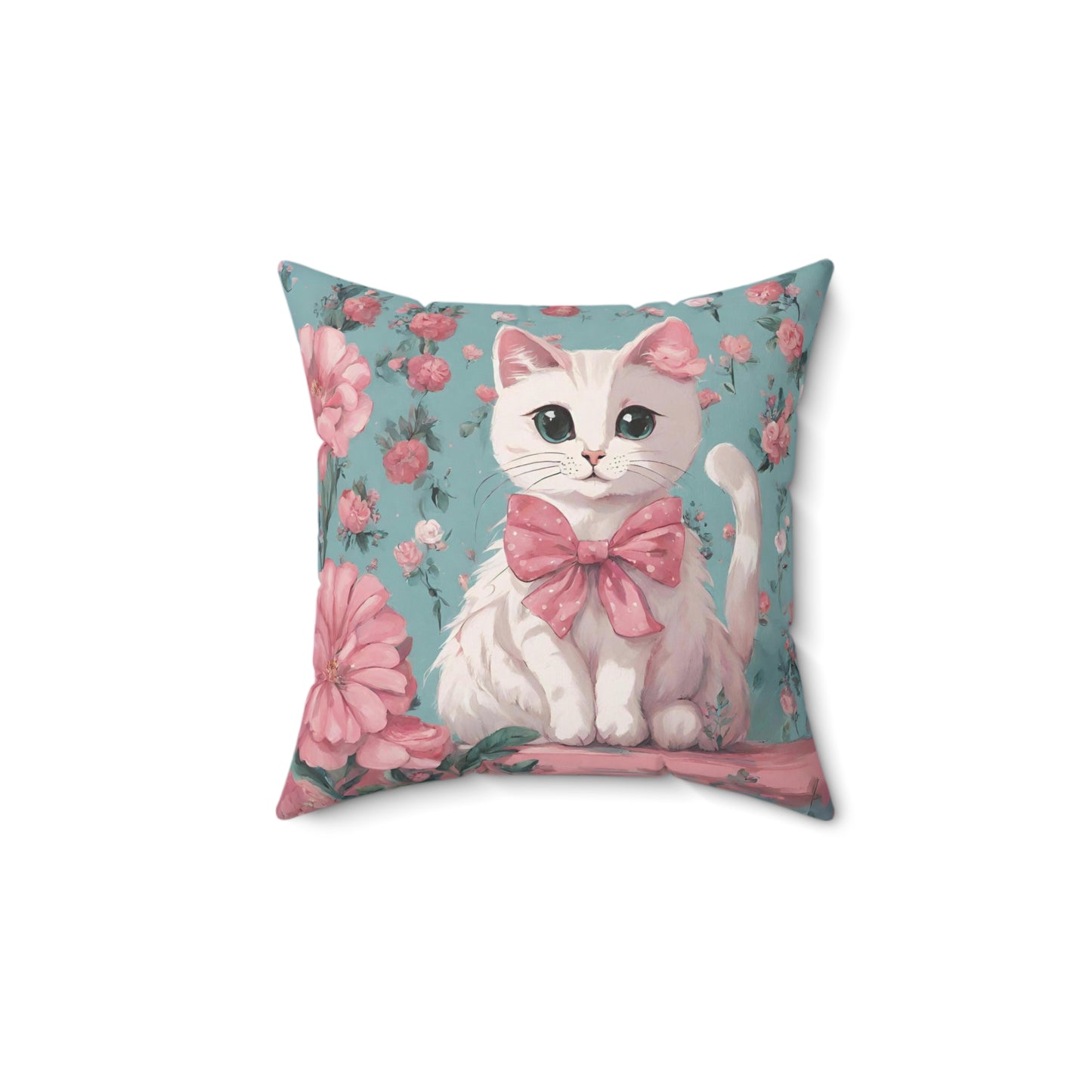 White Cat and Flowers Pillow