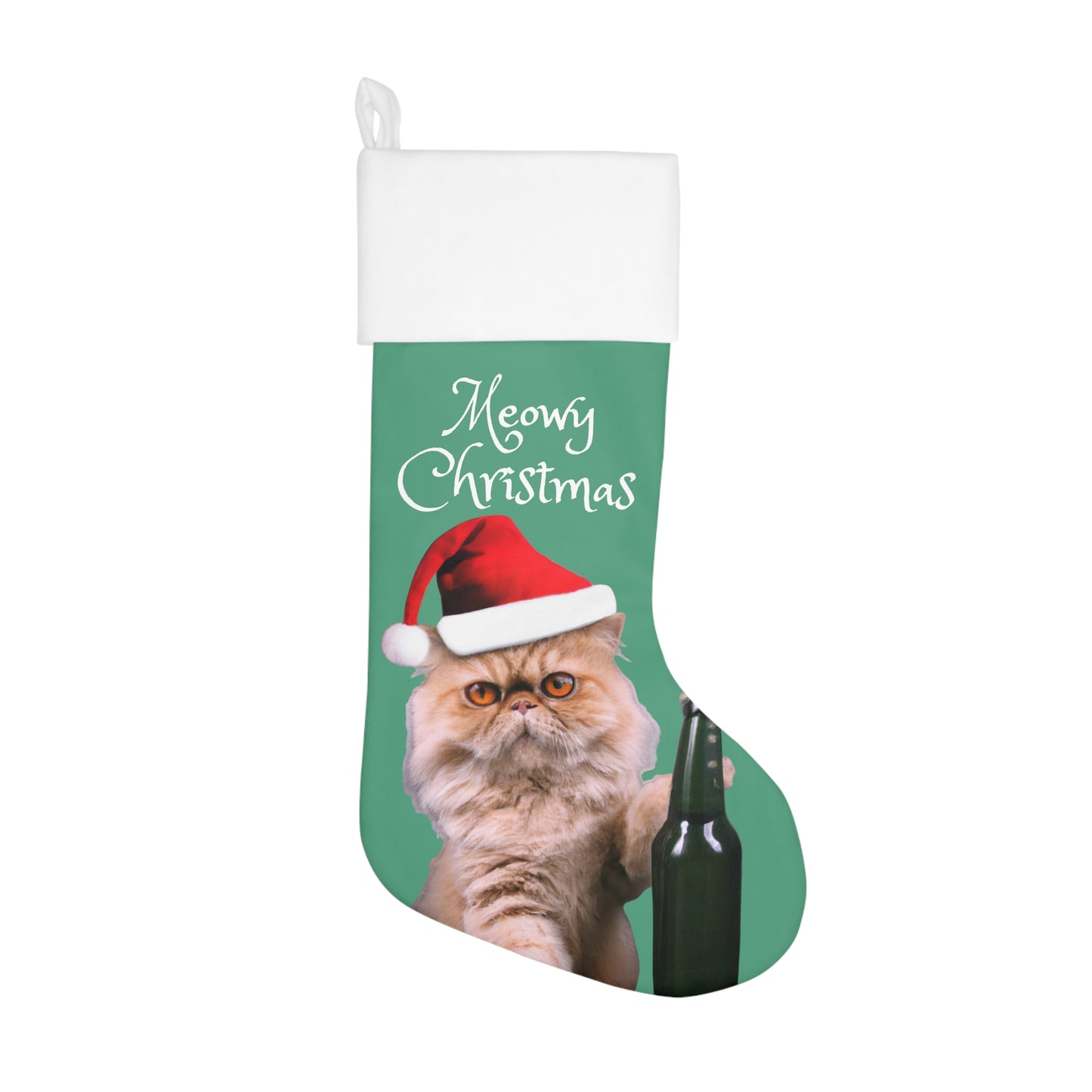 Drunk Persian cat Merry Xmas Stocking, Funny cat with red Santa's hat Christmas Holiday Stocking, Cat and beer bottle Merry Christmas decor