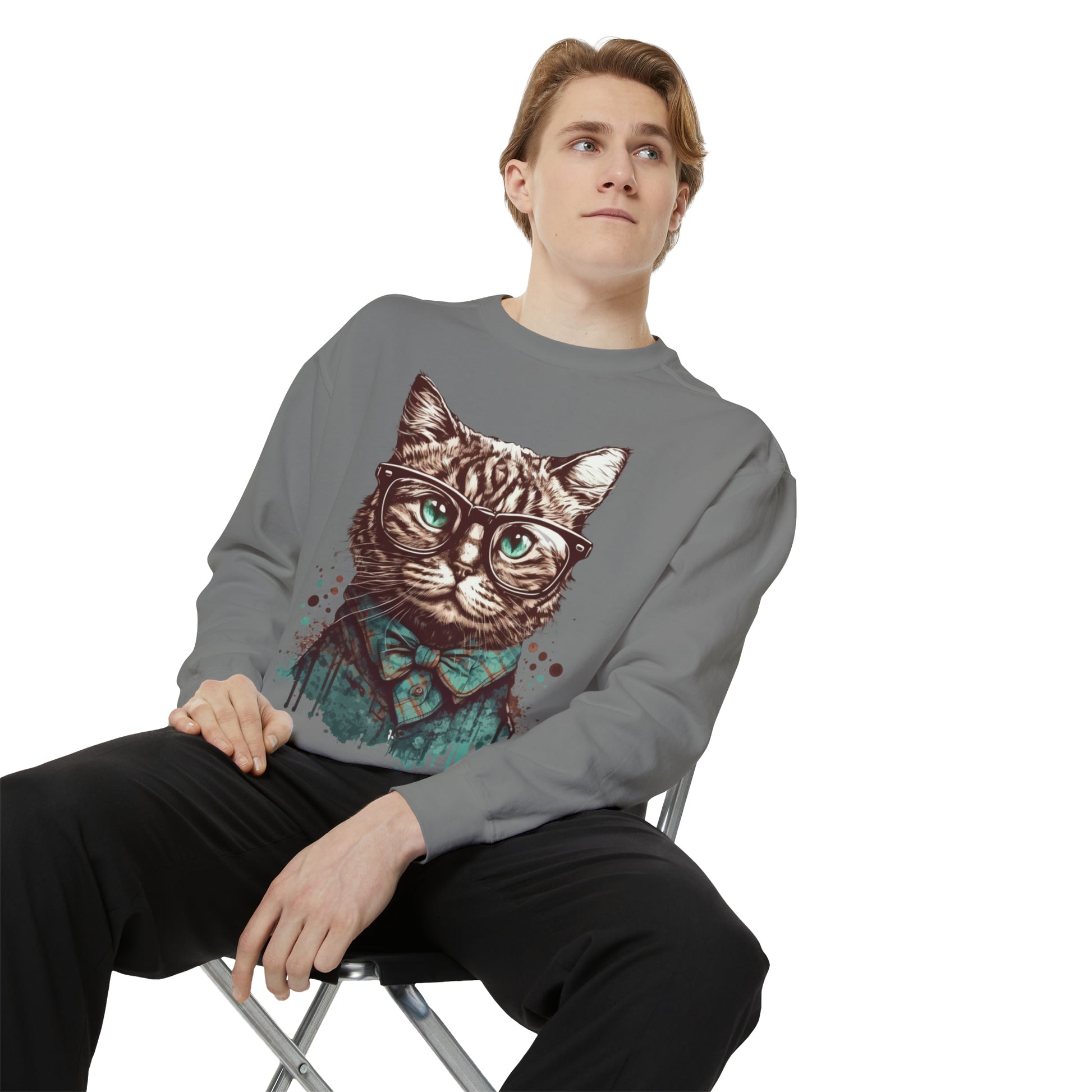 Nerd Cat Unisex Garment-Dyed Sweatshirt, Geeky cat Comfort Colors sweater, Cute cat pullover, Nerdy cat jumper, cozy gift for cat lovers