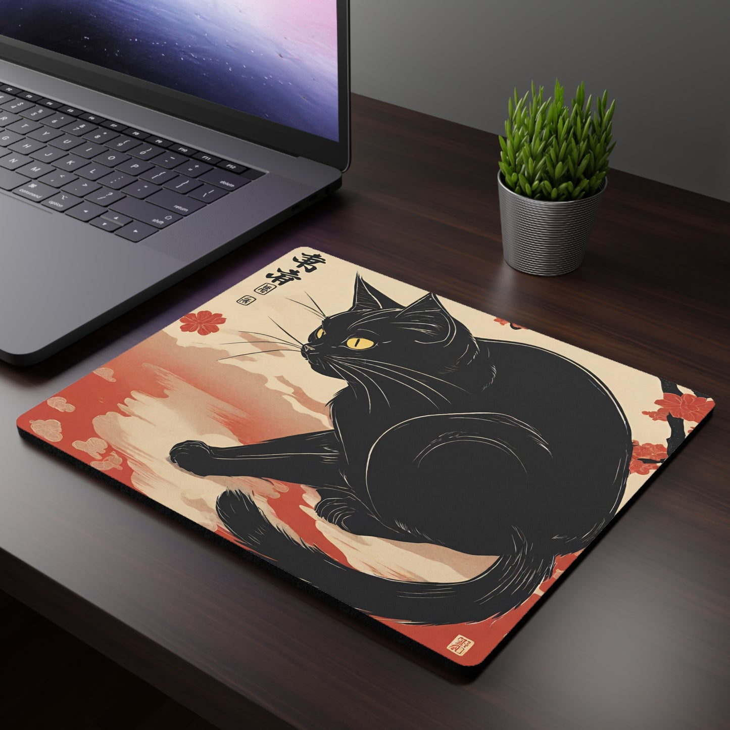 Black Cat Japanese Art Rectangular Mouse Pad