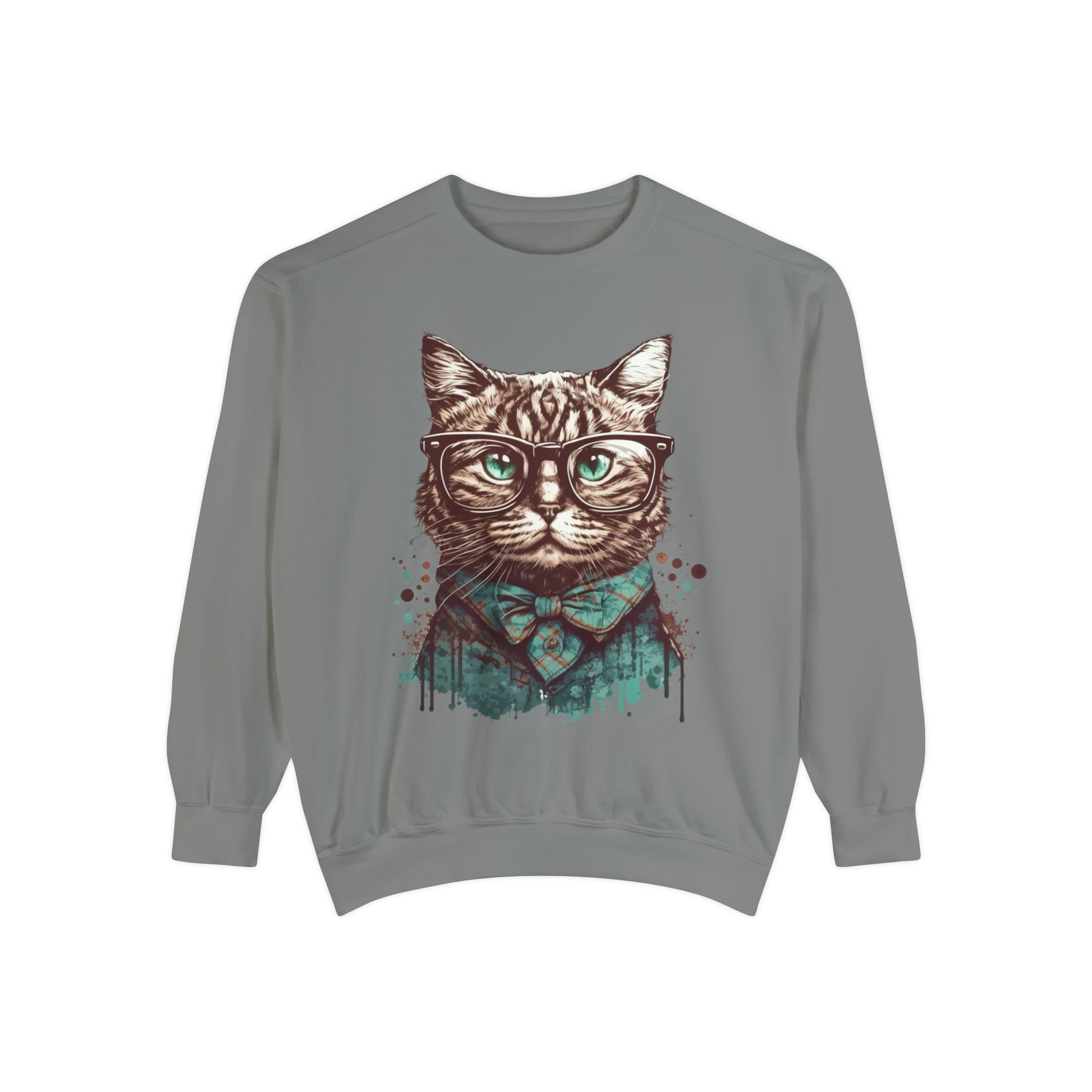 Nerd Cat Unisex Garment-Dyed Sweatshirt, Geeky cat Comfort Colors sweater, Cute cat pullover, Nerdy cat jumper, cozy gift for cat lovers