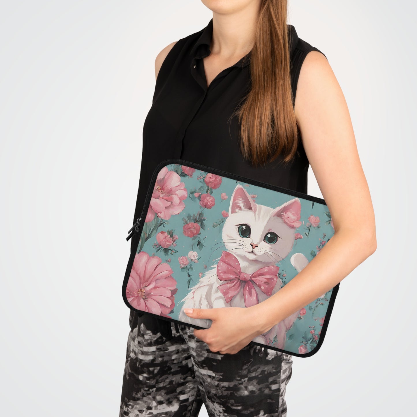 White Cat with Flowers Laptop Sleeve