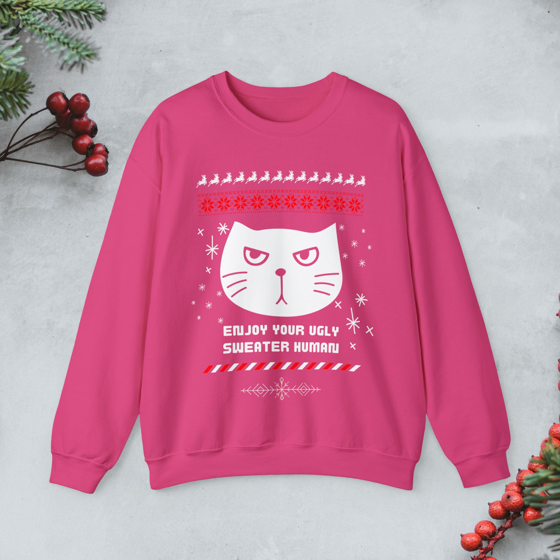 Cat says "Enjoy Your Ugly Sweater Human" Sweatshirt, fall cat Merry Christmas ugly sweater, Cute cat Pullover, Funny Cat xmas sweatshirt