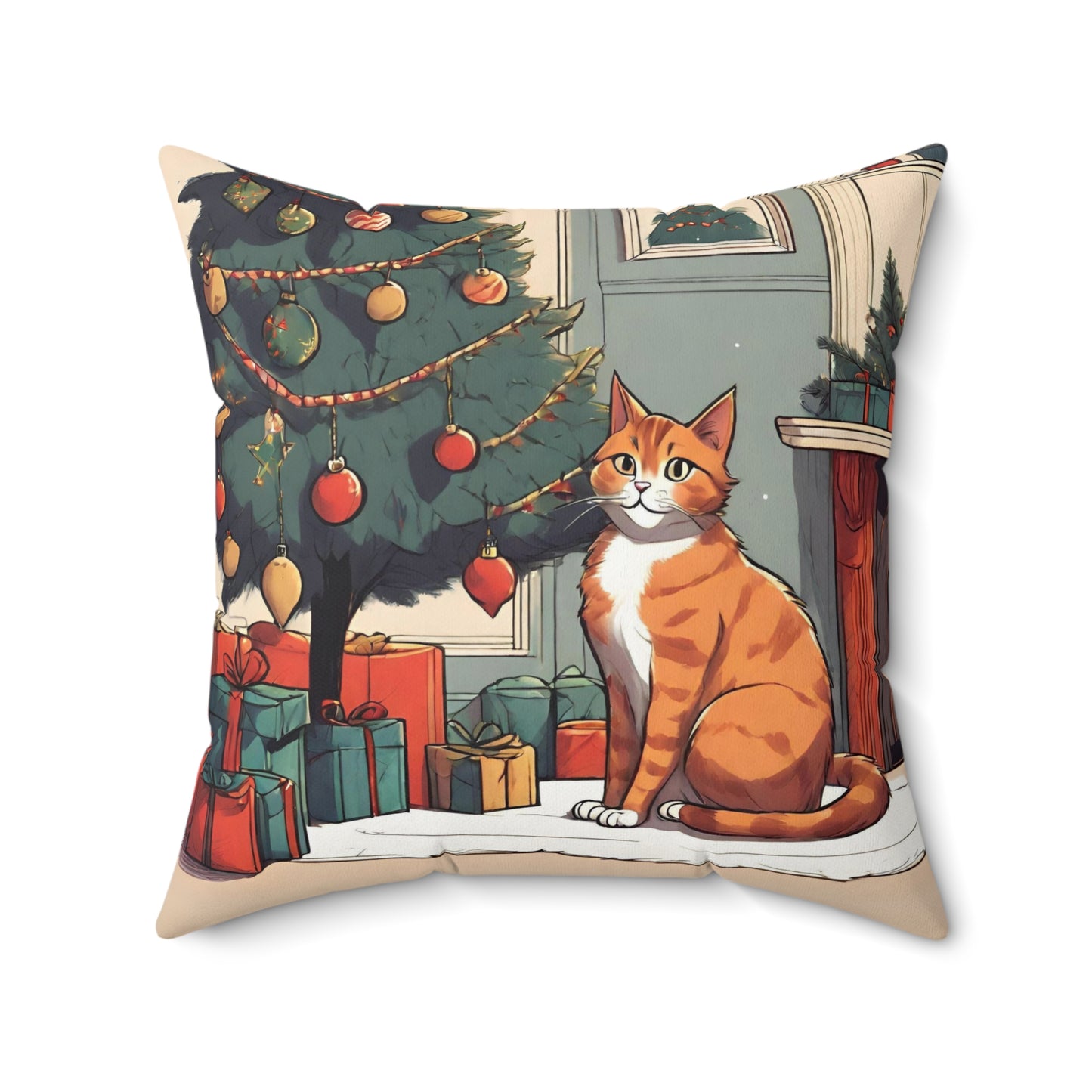 Cute Ginger Cat Christmas Pillow, Festive Ginger Cat xmas Pillow, Cozy Ginger Cat Cushion, Kawaii Cat Christmas home decor Decorative pillow