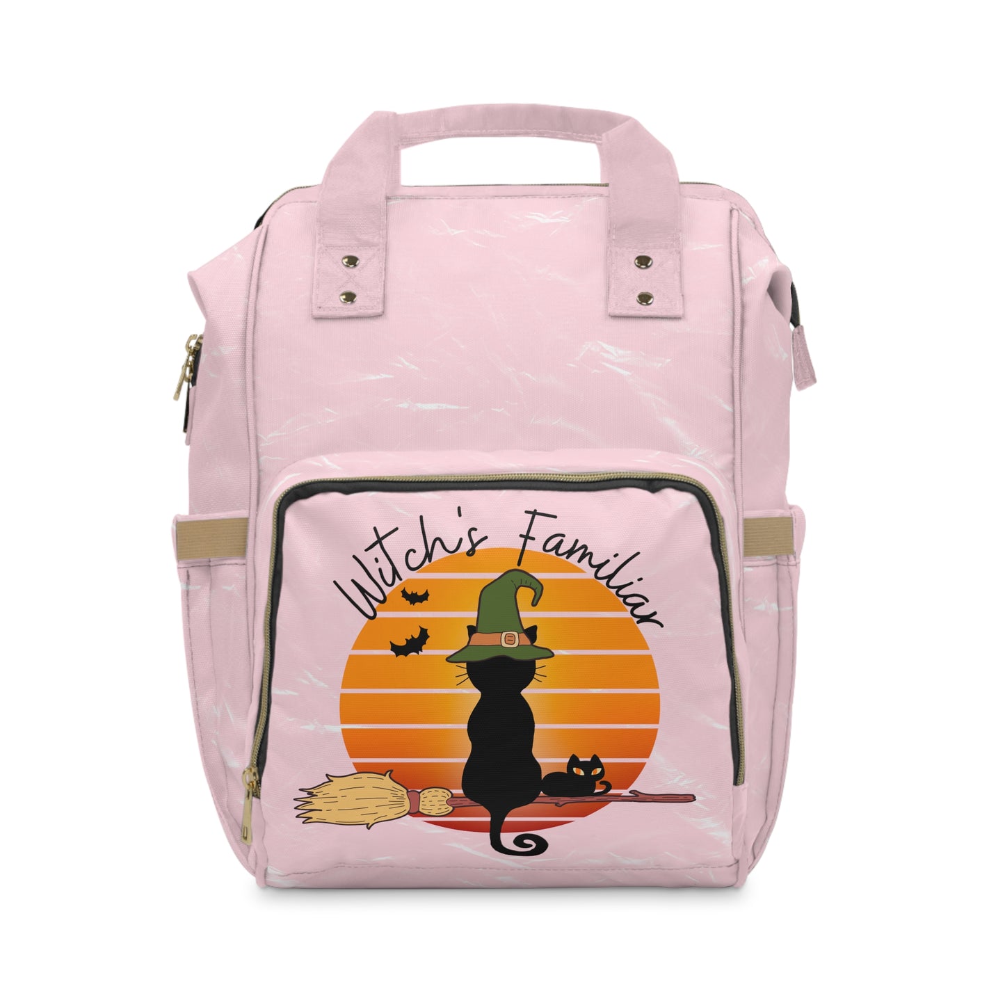 Witchy Black Cat Familiar Large Capacity Student School Backpacks, Cat Retro Vintage Sunset Multifunctional Diaper Backpack, cute magical