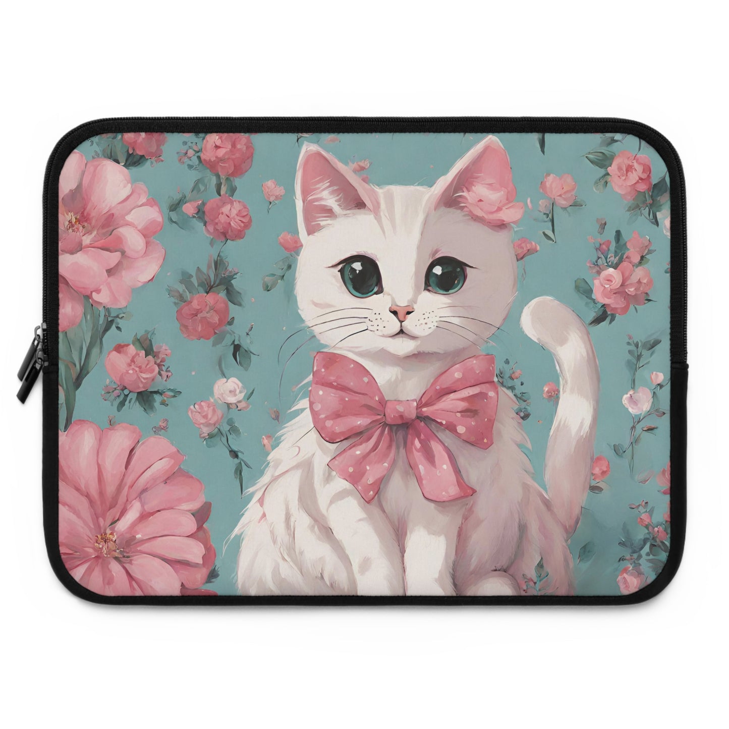 White Cat with Flowers Laptop Sleeve