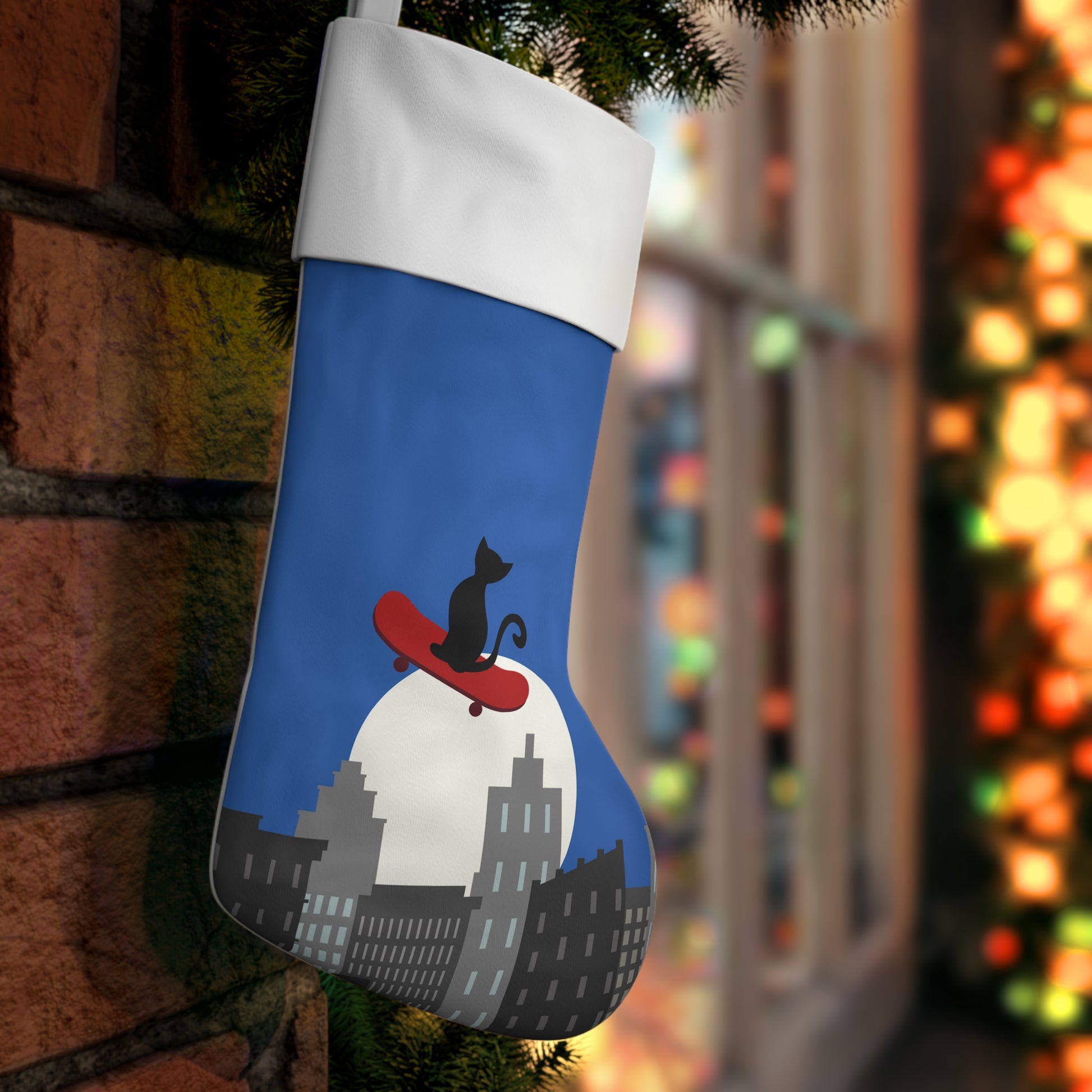 Black cat on skateboard Holiday Stocking, funny black cat Christmas Stocking, Christmas gift, Christmas décor, holiday décor