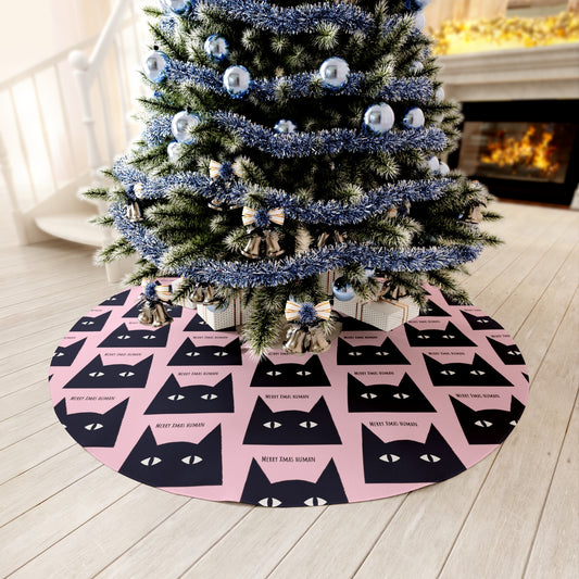 Black cat says "Merry Xmas Human" Christmas tree skirt, Christmas Round Tree Skirt, sarcastic funny Cat Christmas Décor Round Tree Skirt