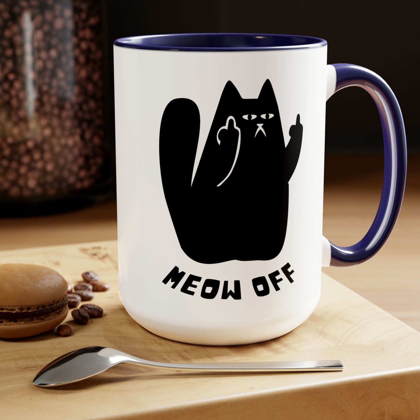 Black Cat pointing middle finger and says meow off Mug 15oz