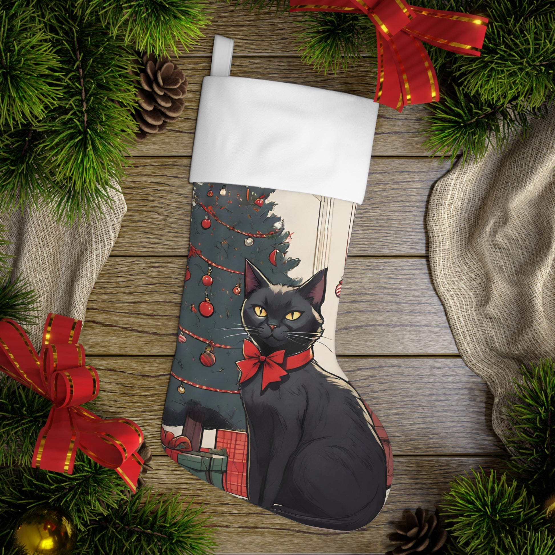 Black cat Xmas Stocking, Cute cat Christmas Holiday Stocking, Black cat festive christmas decoration, cozy black cat Christmas home decor