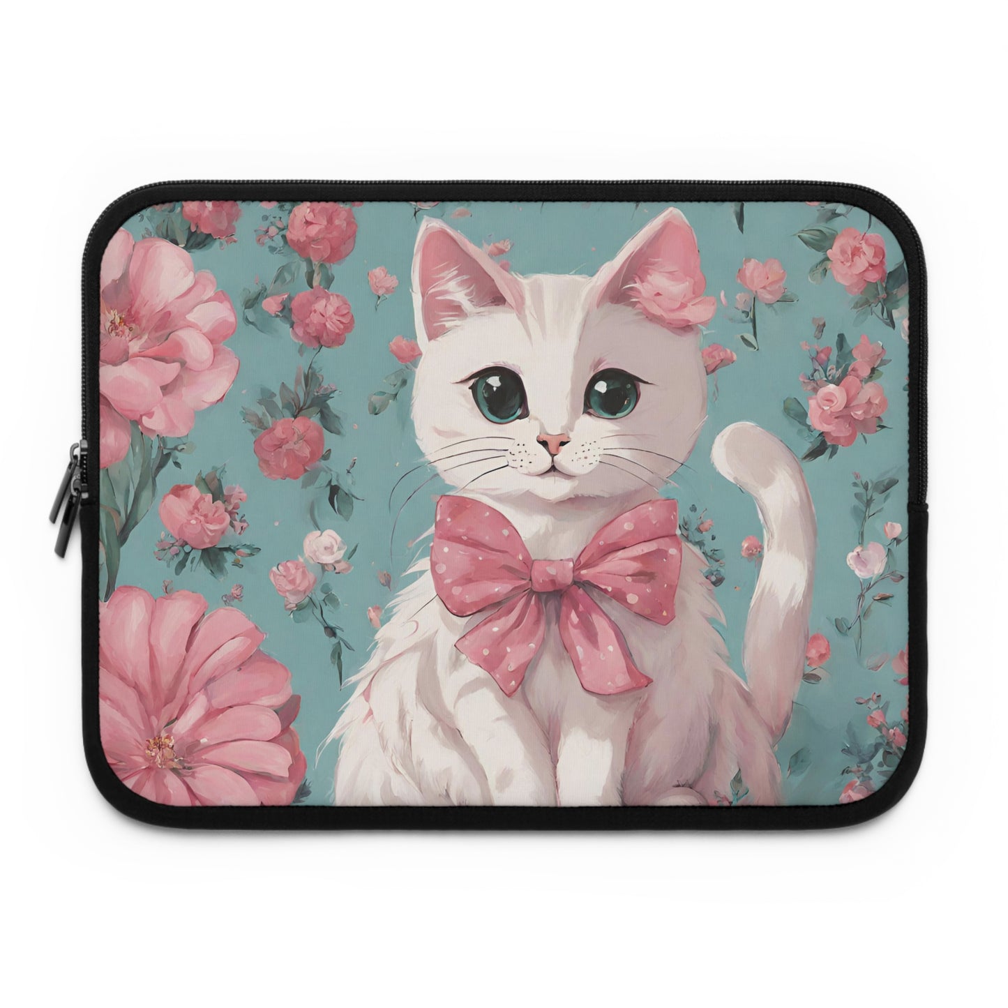 White Cat with Flowers Laptop Sleeve