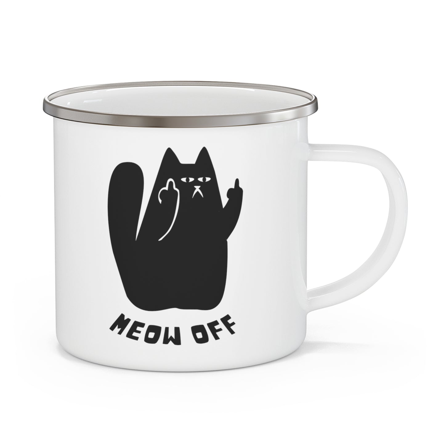 Funny cat cup, sarcastic cat Mug, Black Cat pointing middle finger and says meow off Mug, Fuck you cat Enamel Camping Mug