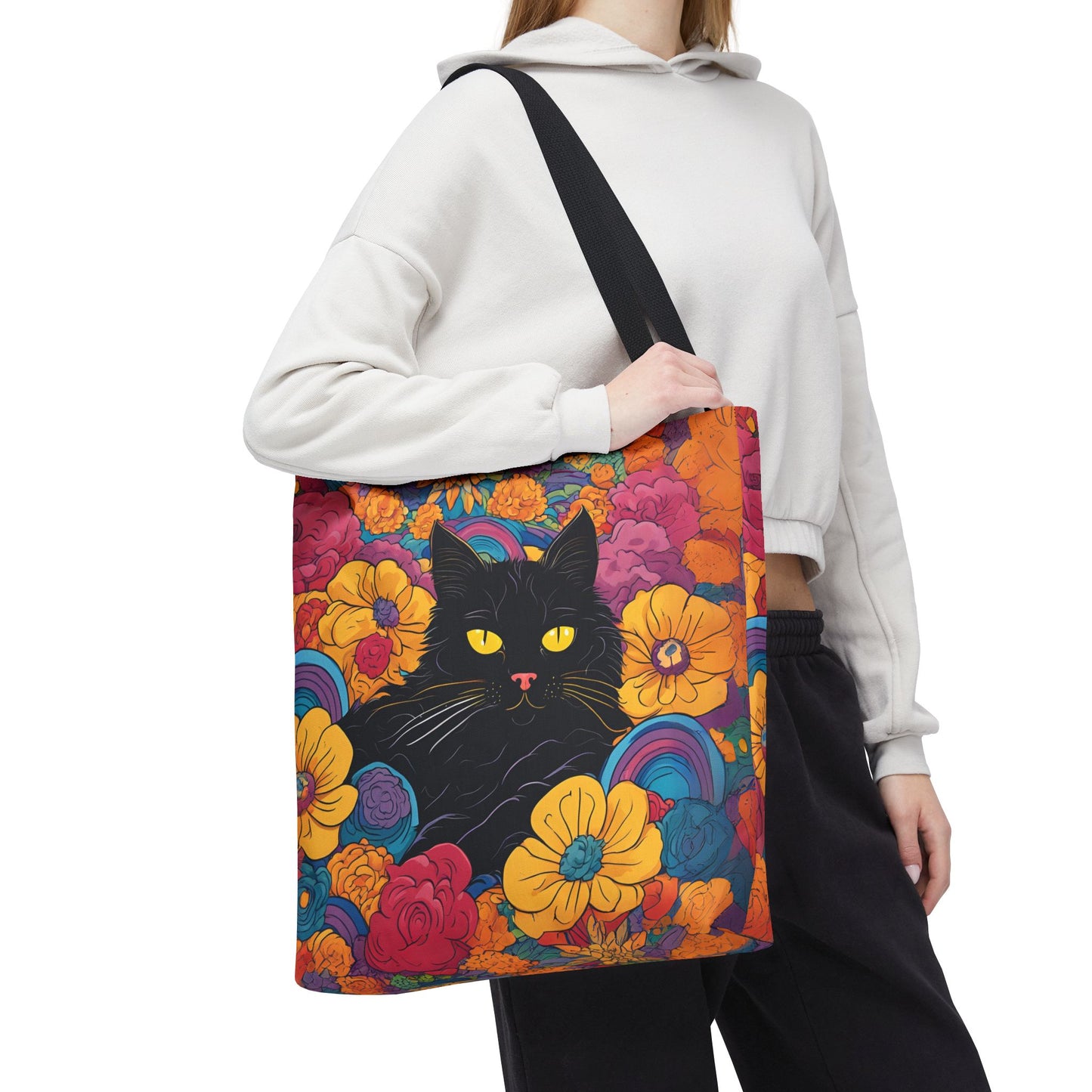 Floral Black Cat Canvas Tote Bag